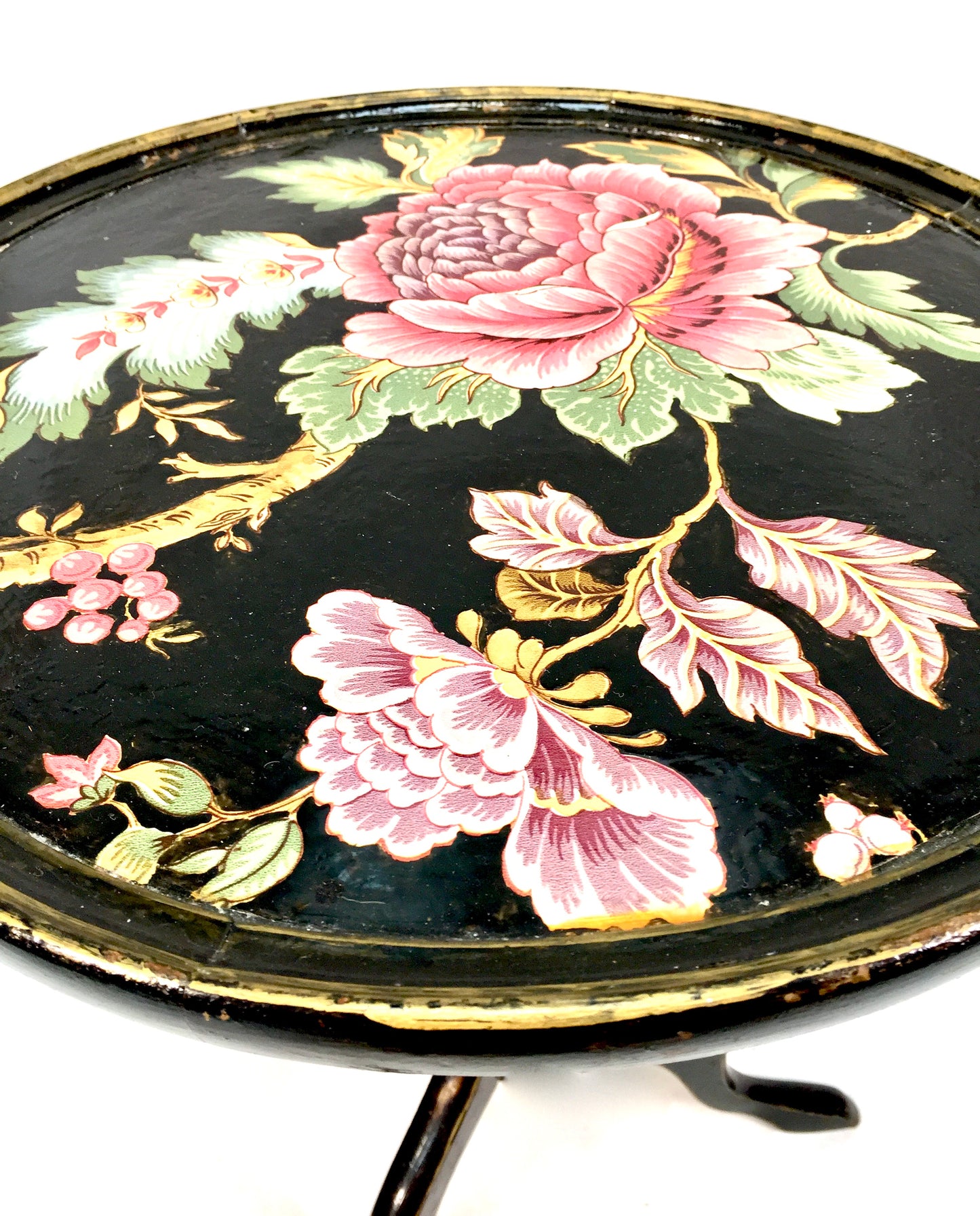 Antique Edwardian Wooden Black Lacquered Side / Lamp Table Floral Design c.1900