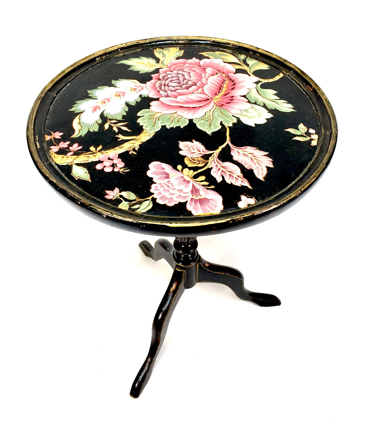 Antique Edwardian Wooden Black Lacquered Side / Lamp Table Floral Design c.1900