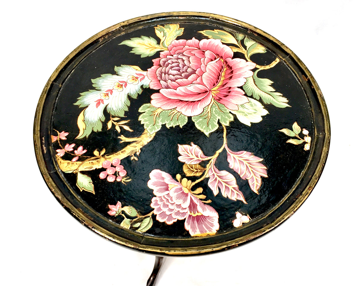 Antique Edwardian Wooden Black Lacquered Side / Lamp Table Floral Design c.1900