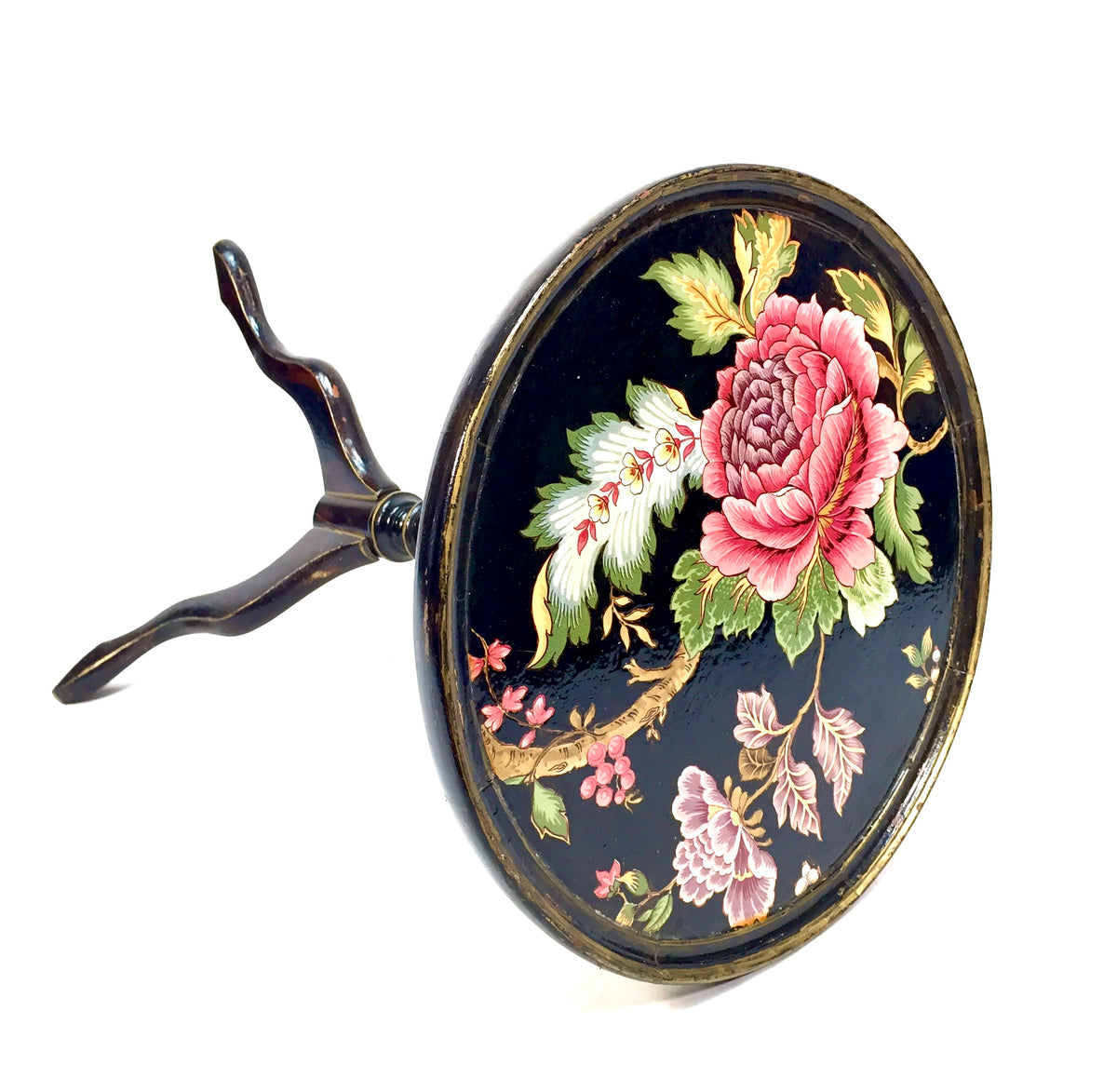 Antique Edwardian Wooden Black Lacquered Side / Lamp Table Floral Design c.1900