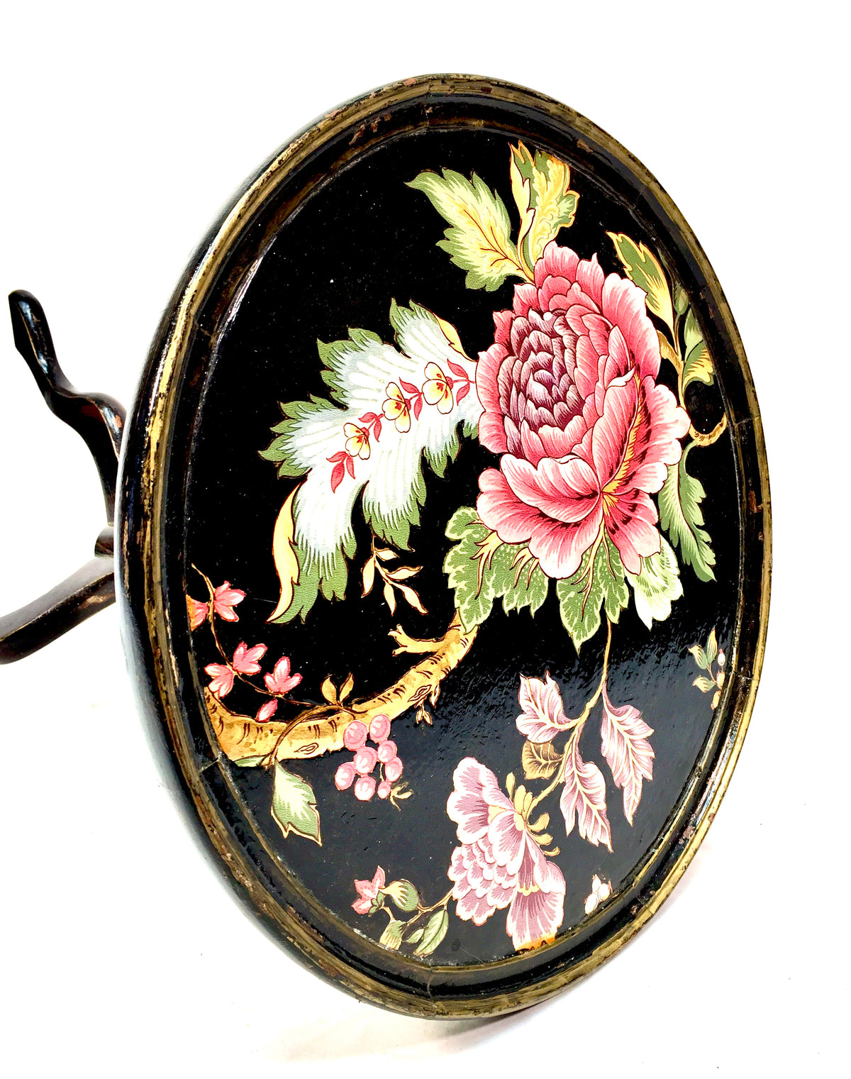 Antique Edwardian Wooden Black Lacquered Side / Lamp Table Floral Design c.1900