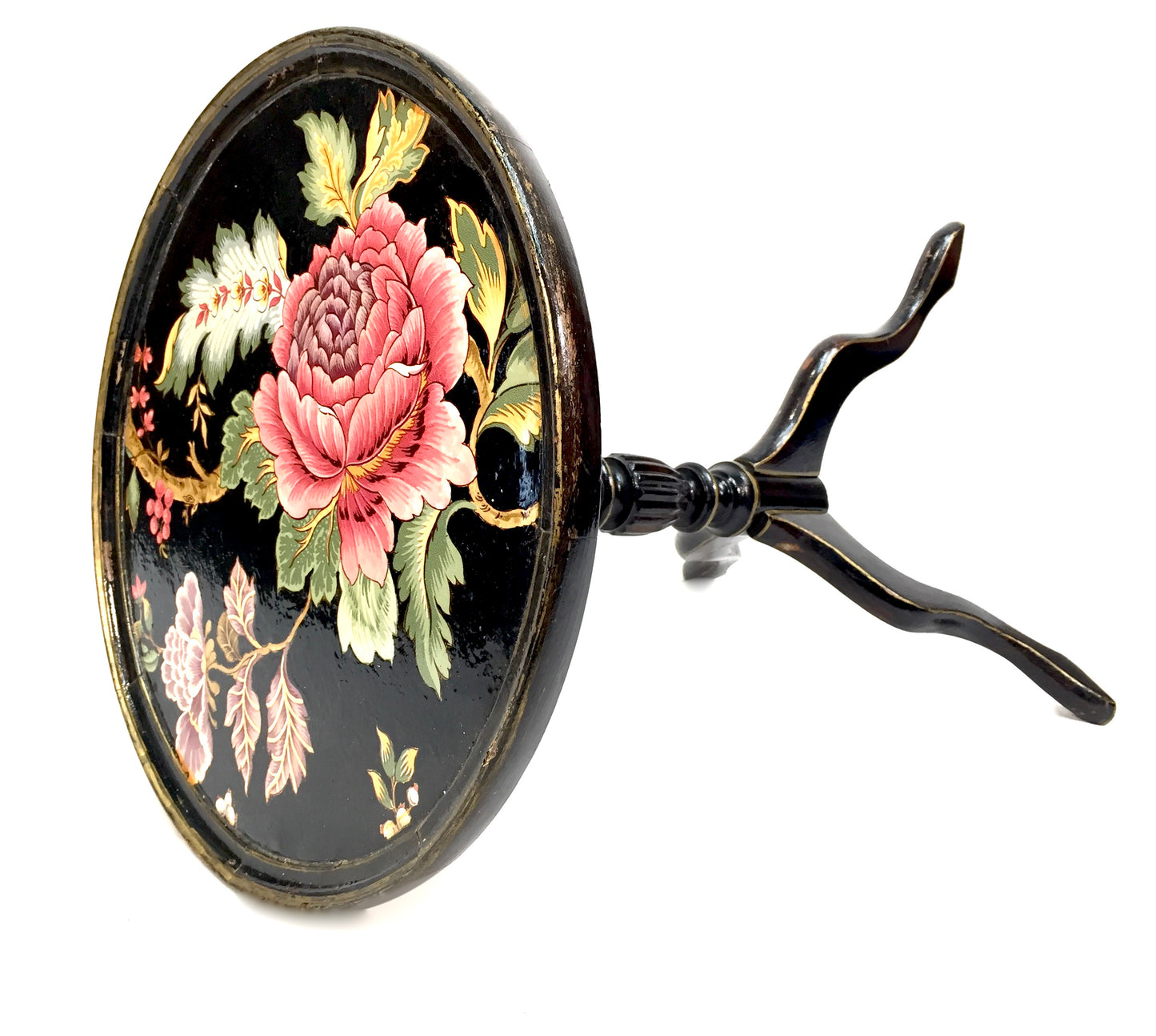 Antique Edwardian Wooden Black Lacquered Side / Lamp Table Floral Design c.1900