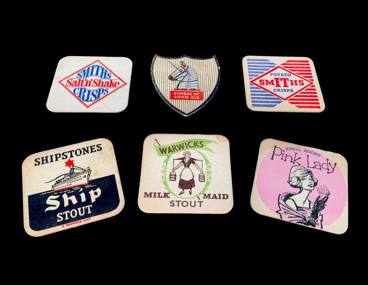 Antique Advertising - Collection of Six British Pub Beer Mat Coasters c.1950