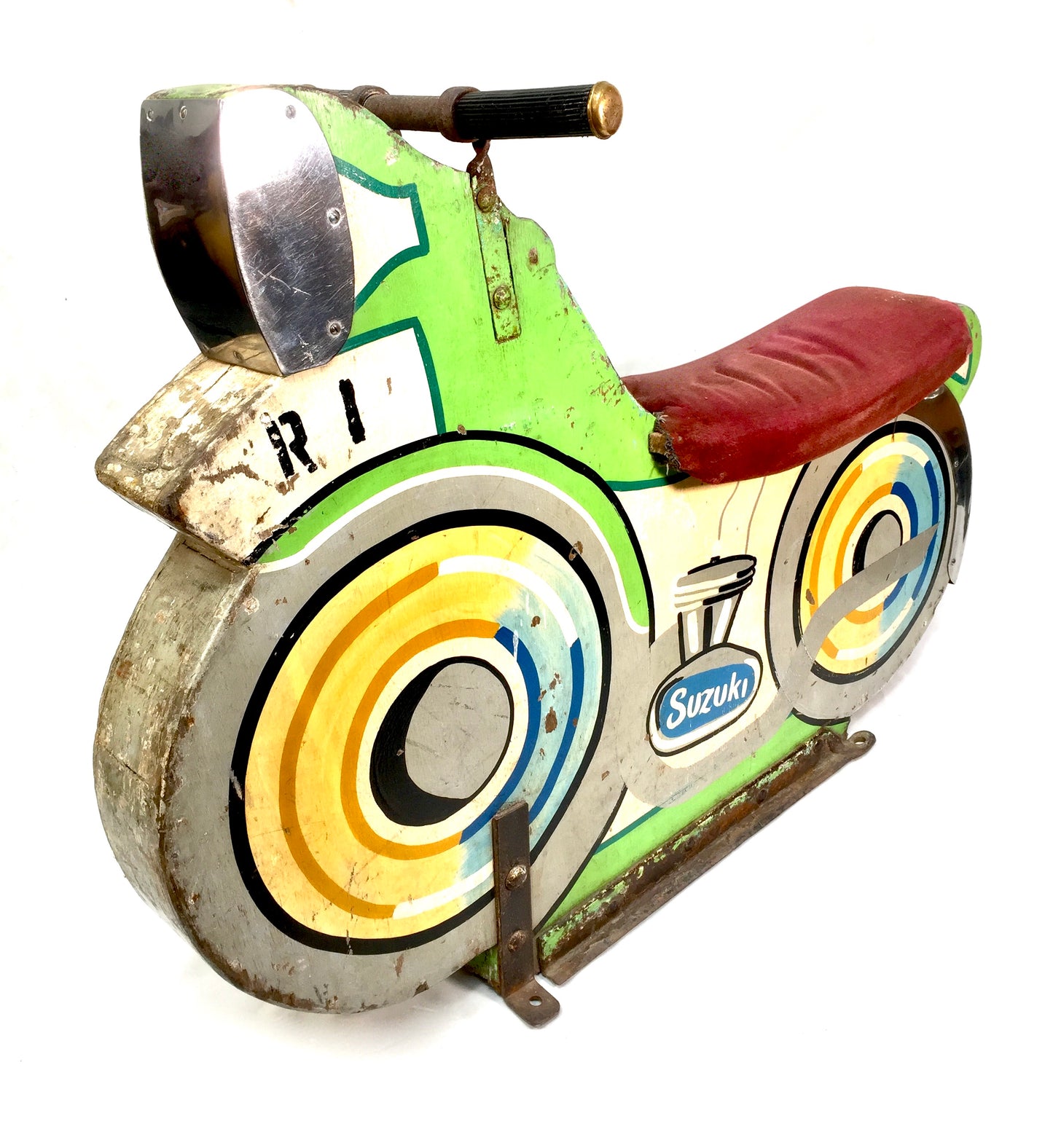 Vintage Wooden Carved Fairground Ride Salvaged Speedway Motorbike / Green c1980