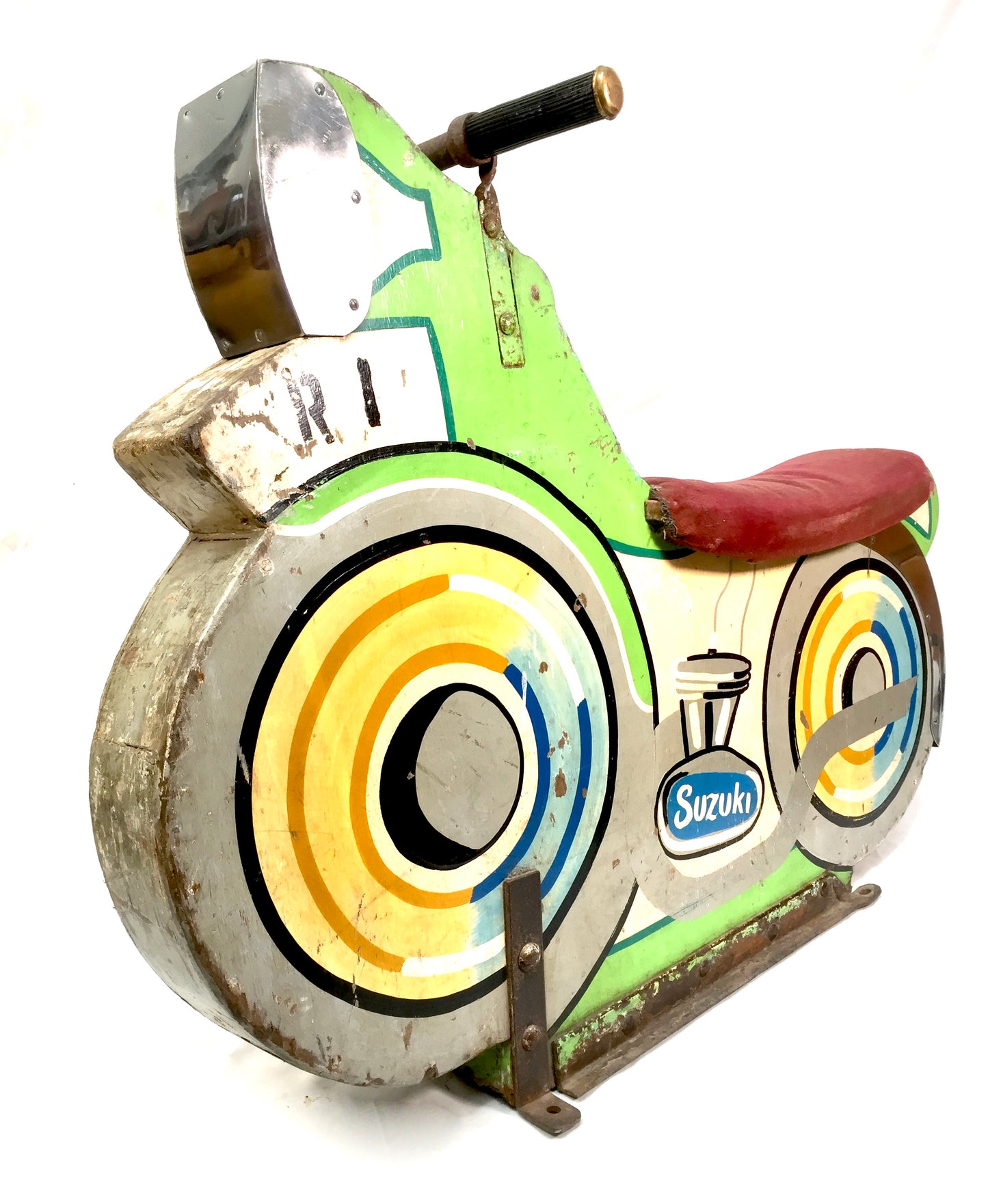 Vintage Wooden Carved Fairground Ride Salvaged Speedway Motorbike / Green c1980