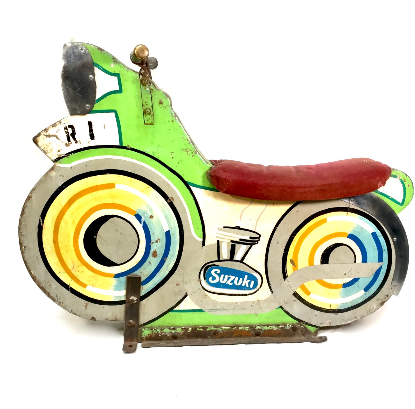 Vintage Wooden Carved Fairground Ride Salvaged Speedway Motorbike / Green c1980