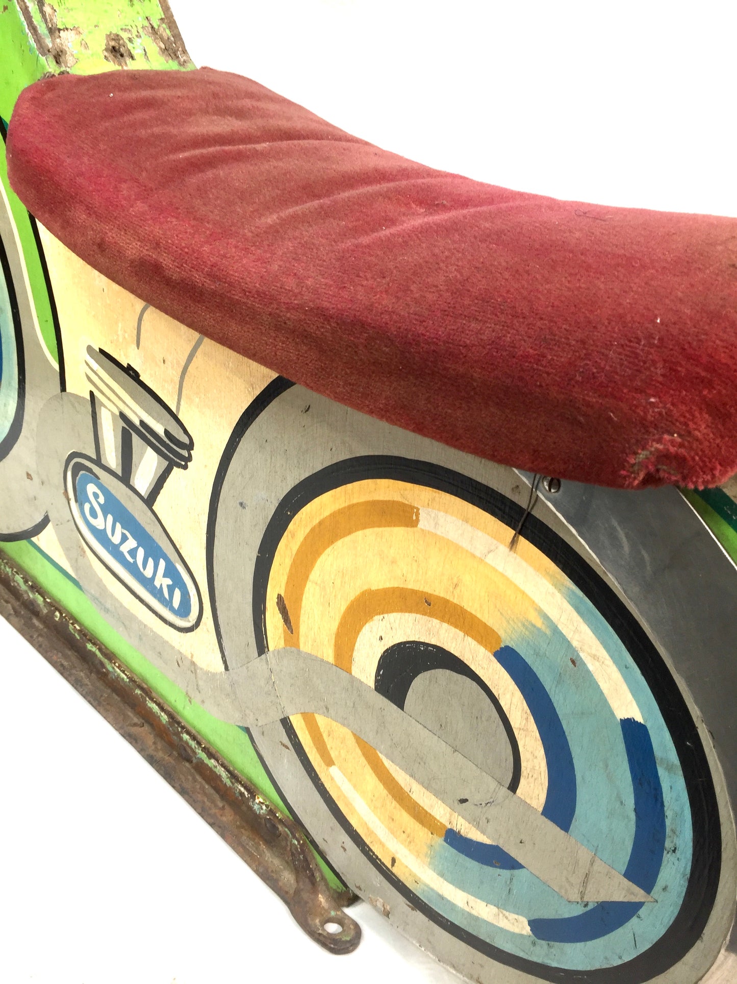 Vintage Wooden Carved Fairground Ride Salvaged Speedway Motorbike / Green c1980