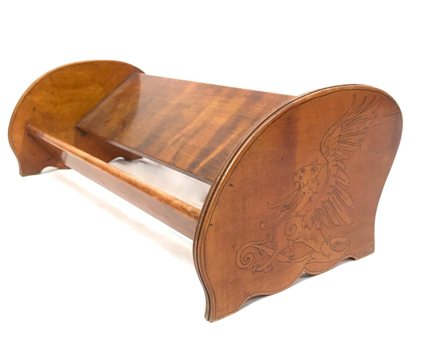 Vintage Wooden Tabletop Book Stand Trough Shelf Rack with Griffin Antique c1950