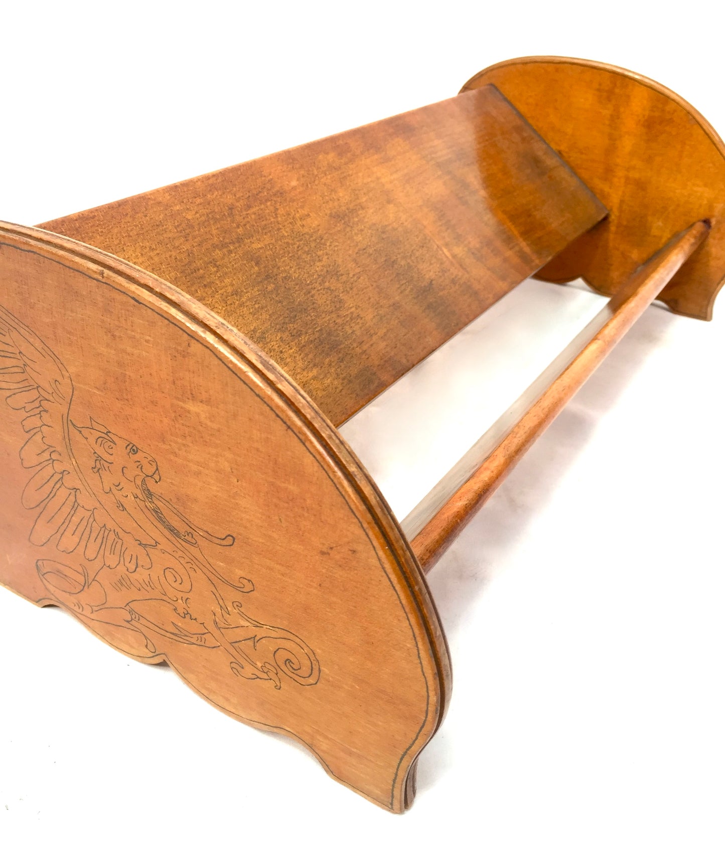 Vintage Wooden Tabletop Book Stand Trough Shelf Rack with Griffin Antique c1950