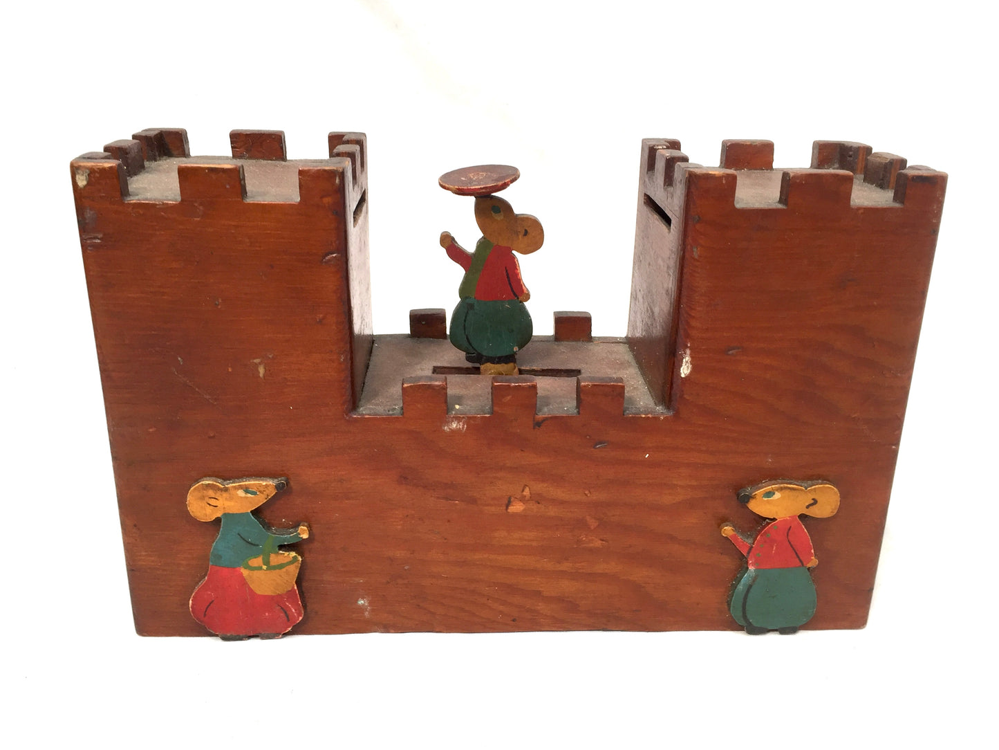 Antique Wooden Mechanical Castle & Mouse Money Box / Collection Box c.1930