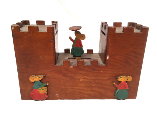 Antique Wooden Mechanical Castle & Mouse Money Box / Collection Box c.1930