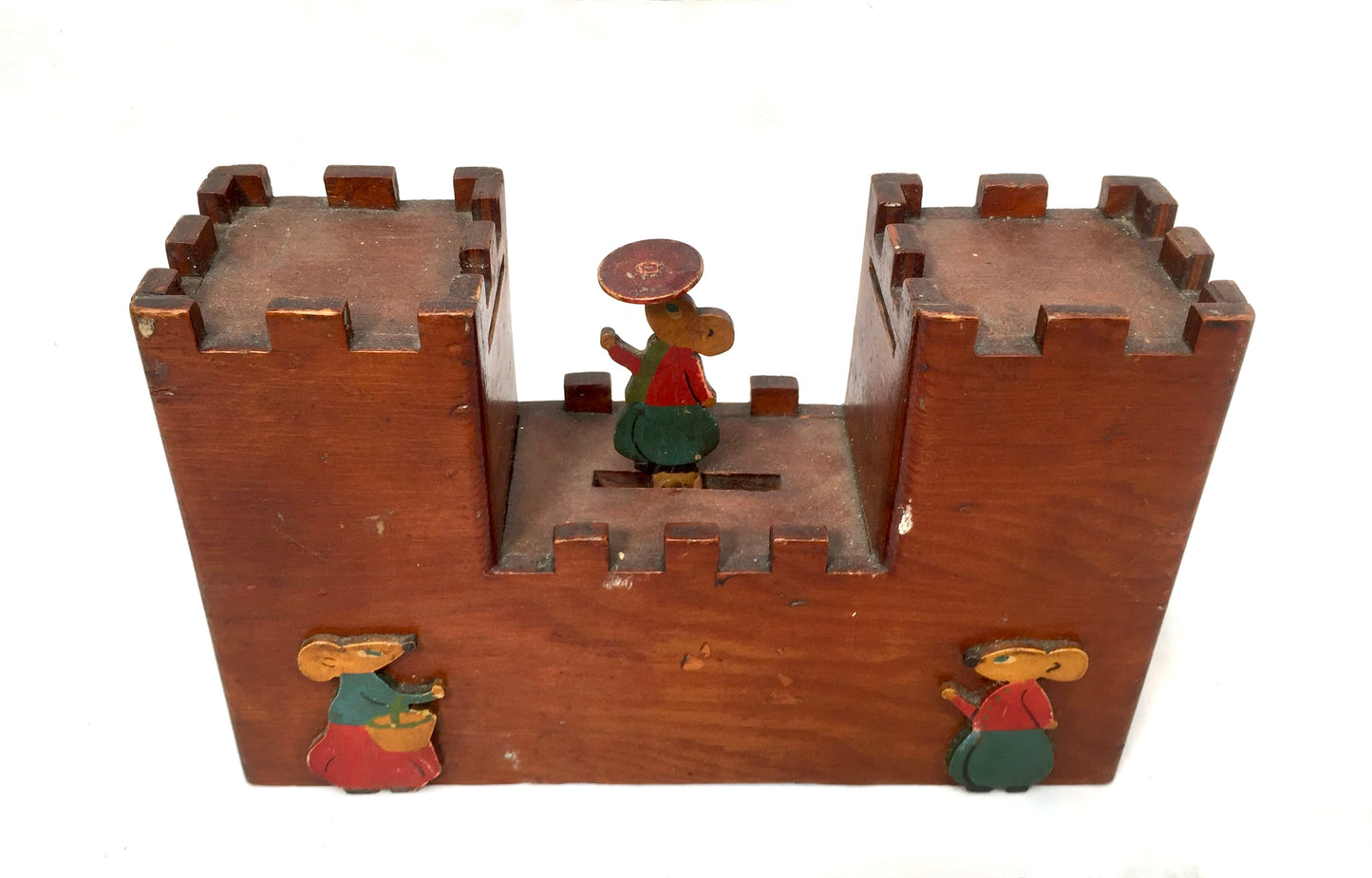 Antique Wooden Mechanical Castle & Mouse Money Box / Collection Box c.1930