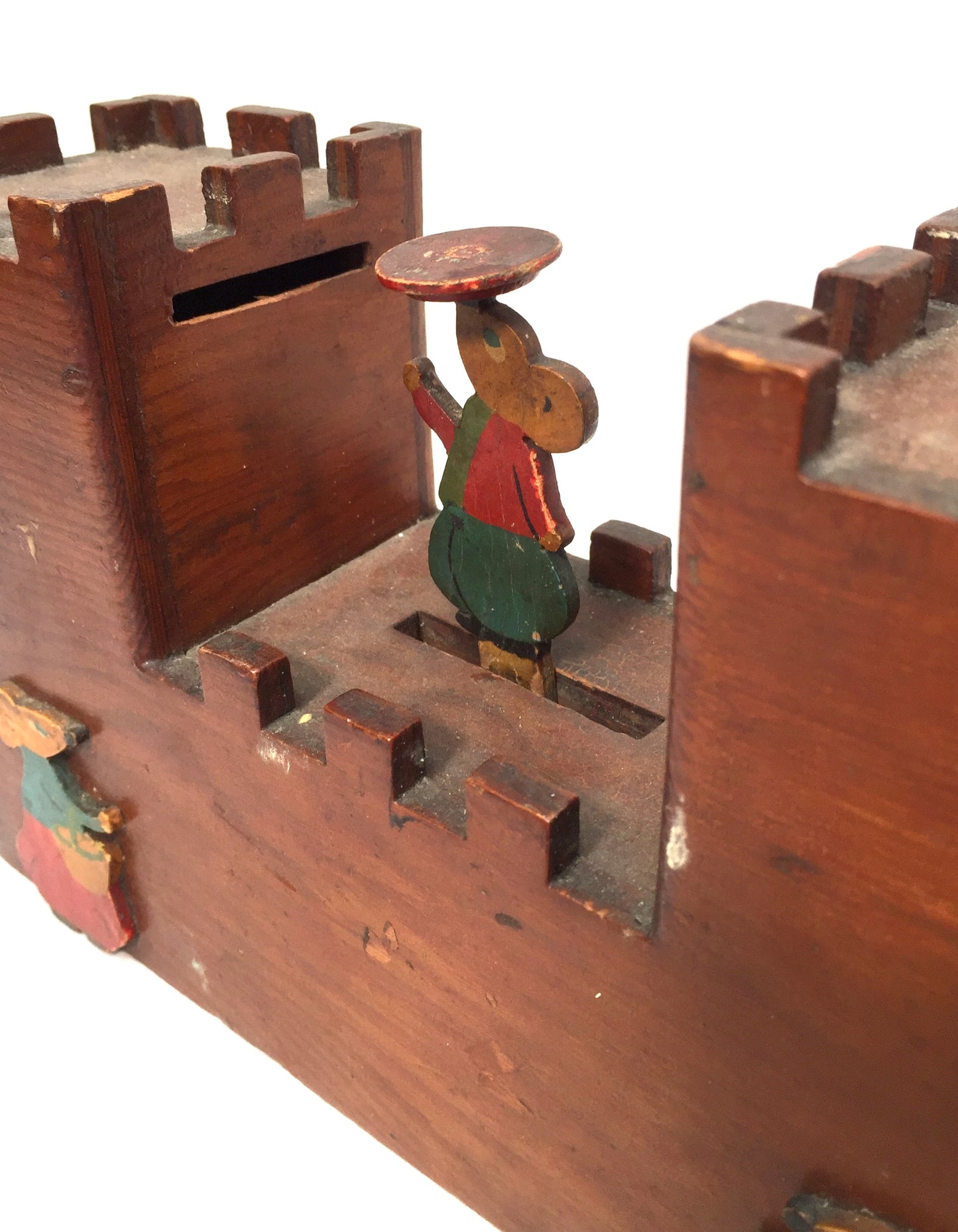 Antique Wooden Mechanical Castle & Mouse Money Box / Collection Box c.1930