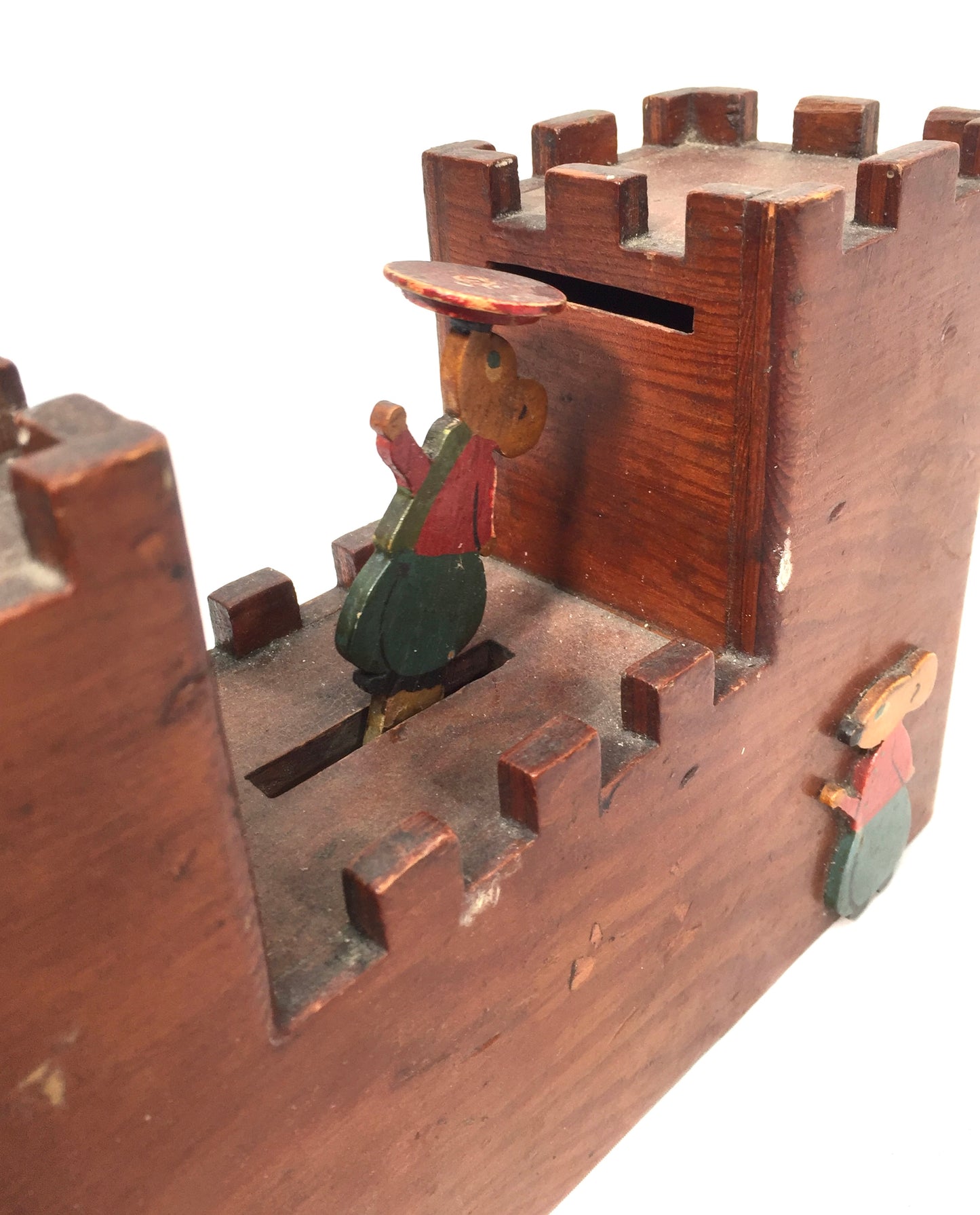 Antique Wooden Mechanical Castle & Mouse Money Box / Collection Box c.1930