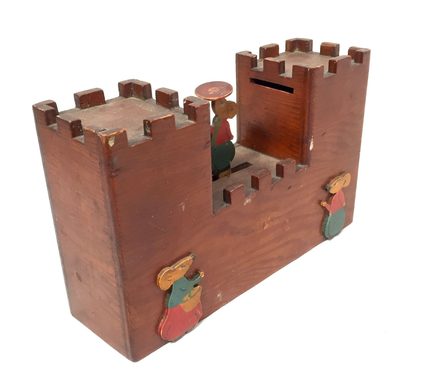 Antique Wooden Mechanical Castle & Mouse Money Box / Collection Box c.1930