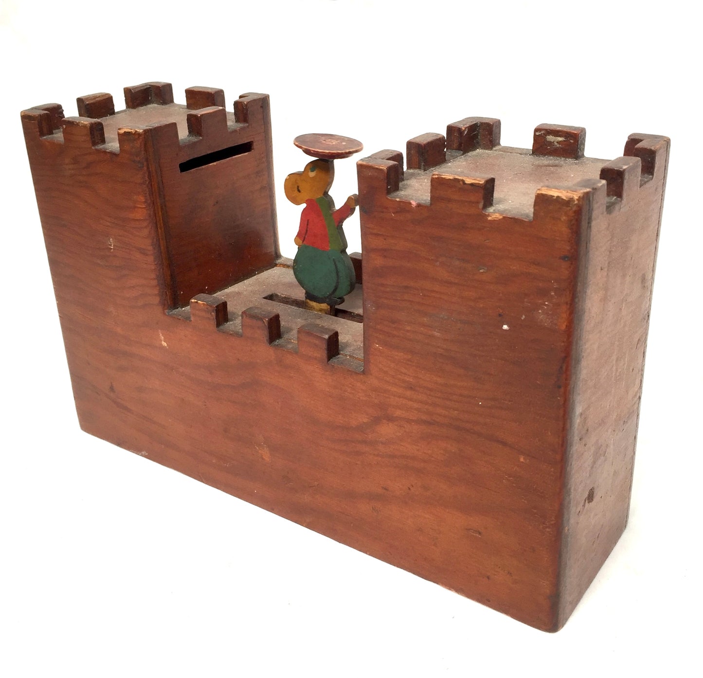 Antique Wooden Mechanical Castle & Mouse Money Box / Collection Box c.1930