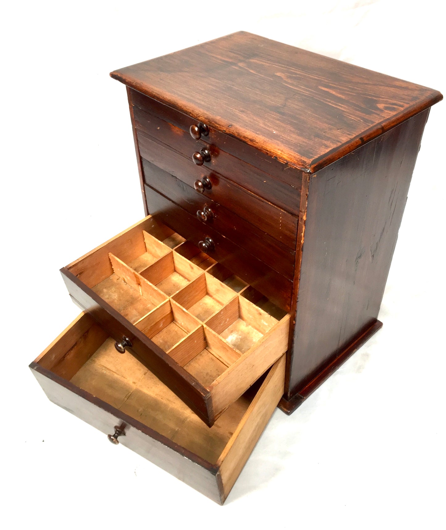 Antique Tabletop Wooden Stained Pine Chest of Collectors Drawers Storage Box