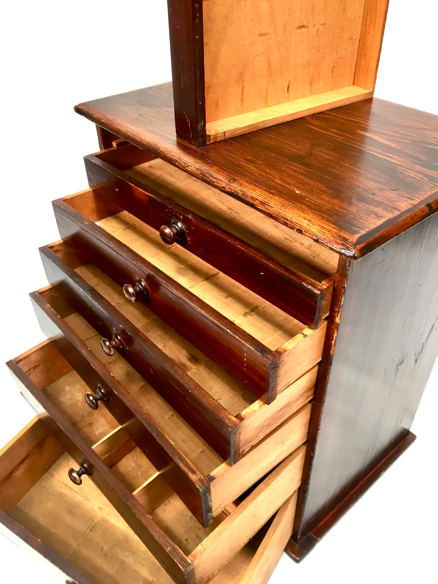 Antique Tabletop Wooden Stained Pine Chest of Collectors Drawers Storage Box