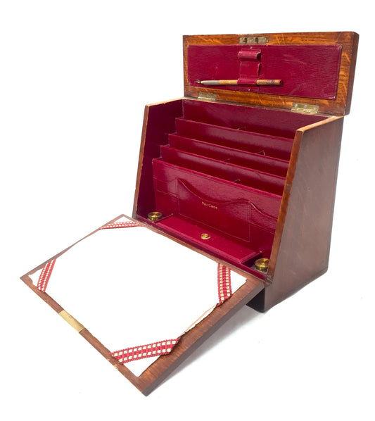 Antique Oak Wooden Victorian Stationery Box Organiser Writing Slope with Key