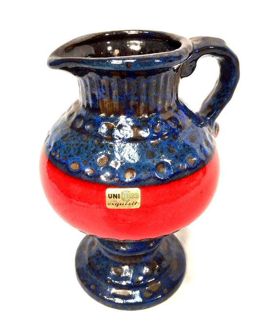 Vintage European / German Pottery Vase Jug / Blue & Red / Retro 1970s / Unicera