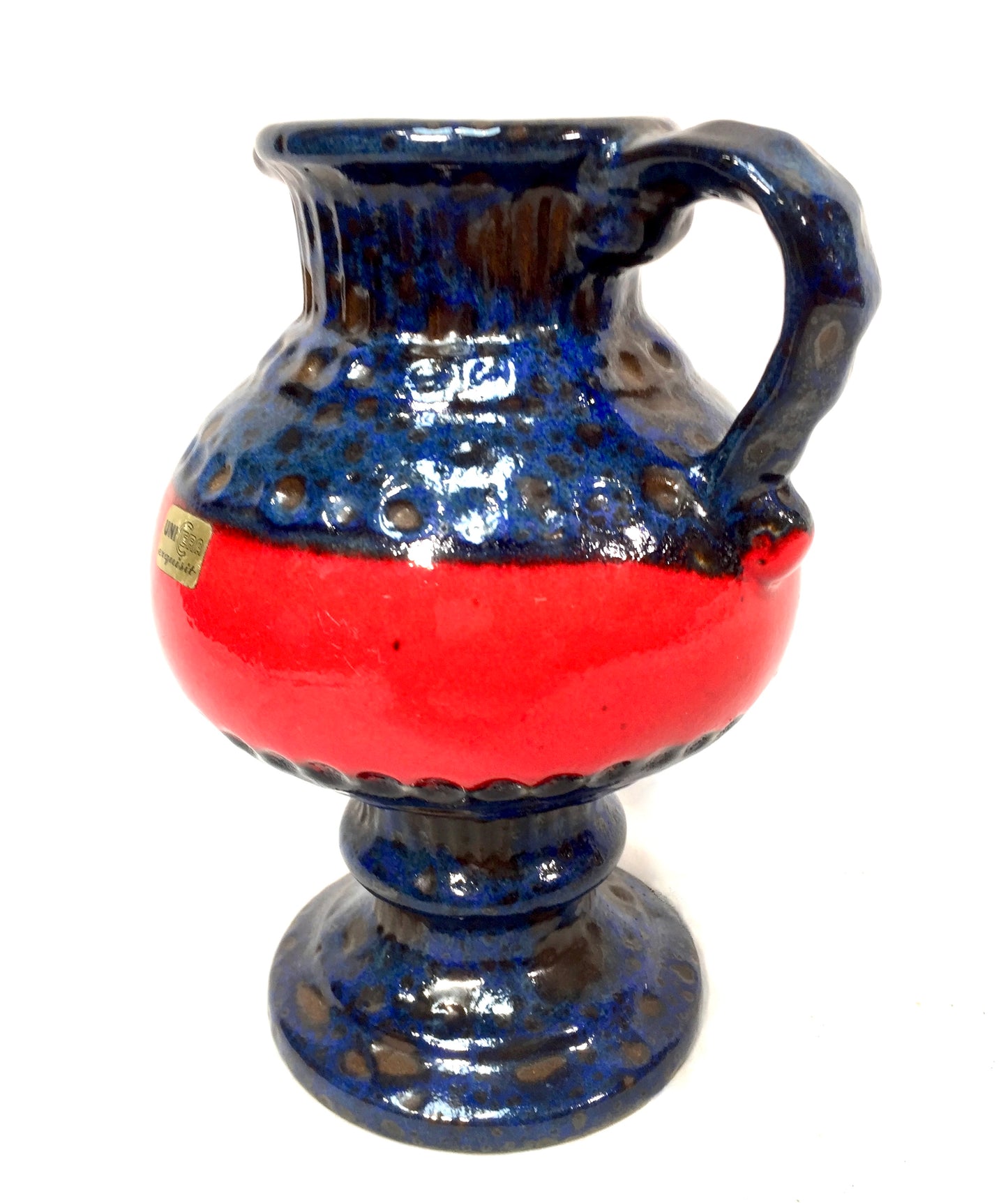 Vintage European / German Pottery Vase Jug / Blue & Red / Retro 1970s / Unicera