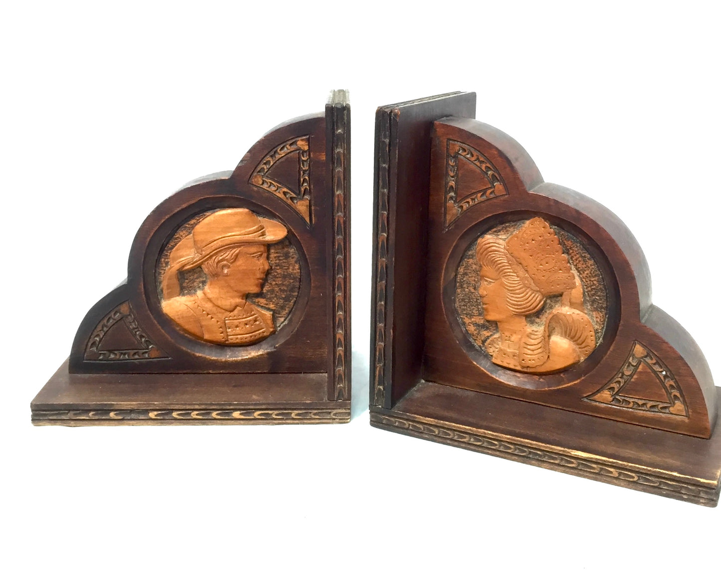 Antique 20th Century Hand Crafted Wood Bookends / Book Ends Man & Lady c.1930