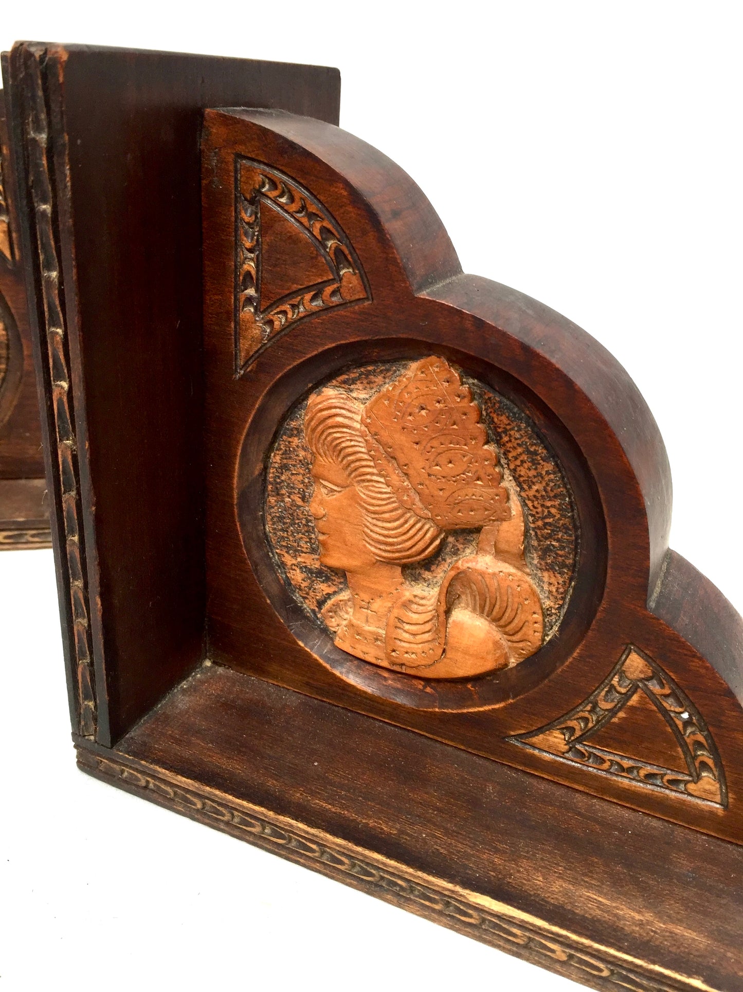 Antique 20th Century Hand Crafted Wood Bookends / Book Ends Man & Lady c.1930