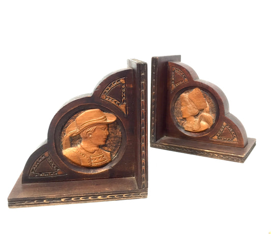 Antique 20th Century Hand Crafted Wood Bookends / Book Ends Man & Lady c.1930