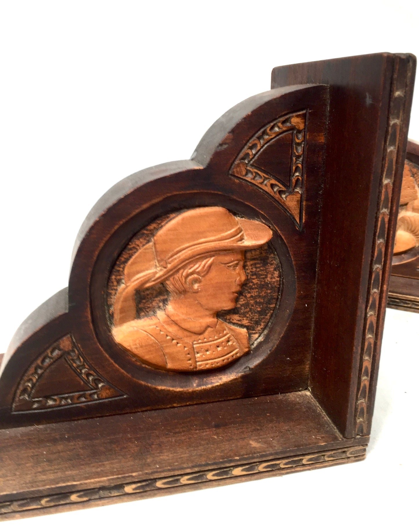 Antique 20th Century Hand Crafted Wood Bookends / Book Ends Man & Lady c.1930