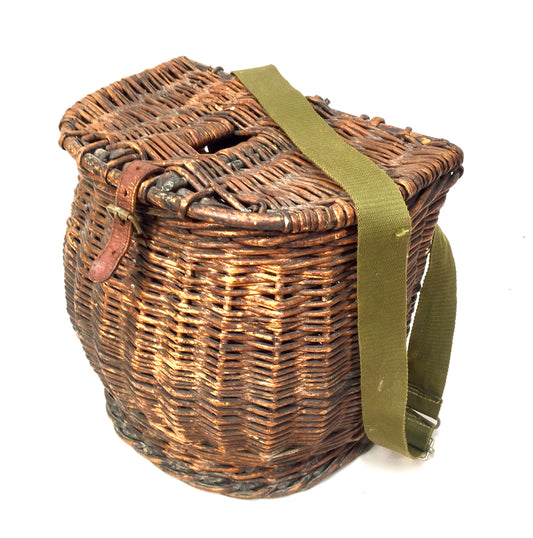 Vintage Wicker Fishing Creel Basket Hamper With Strap / Storage Bin 1960 Antique