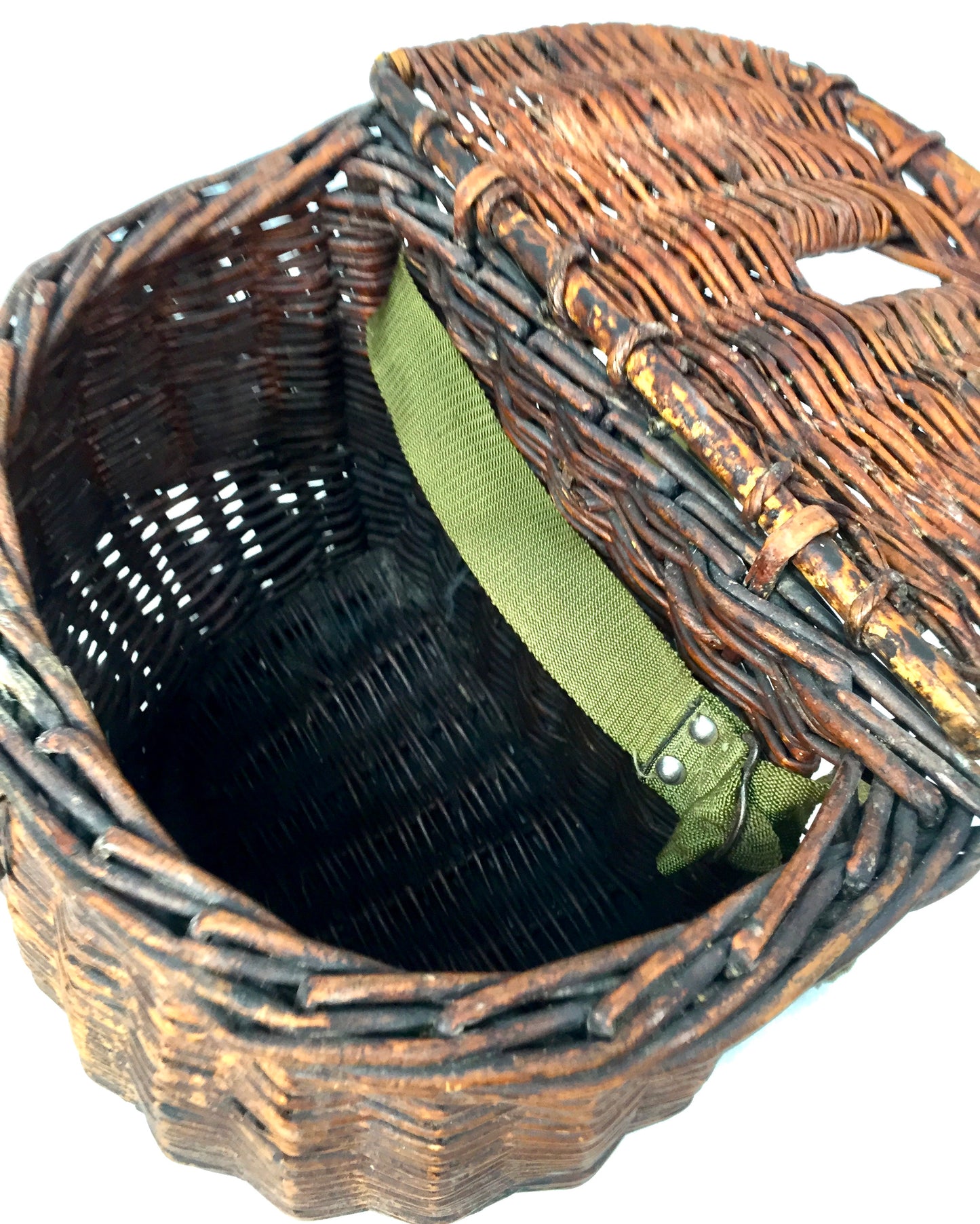 Vintage Wicker Fishing Creel Basket Hamper With Strap / Storage Bin 1960 Antique