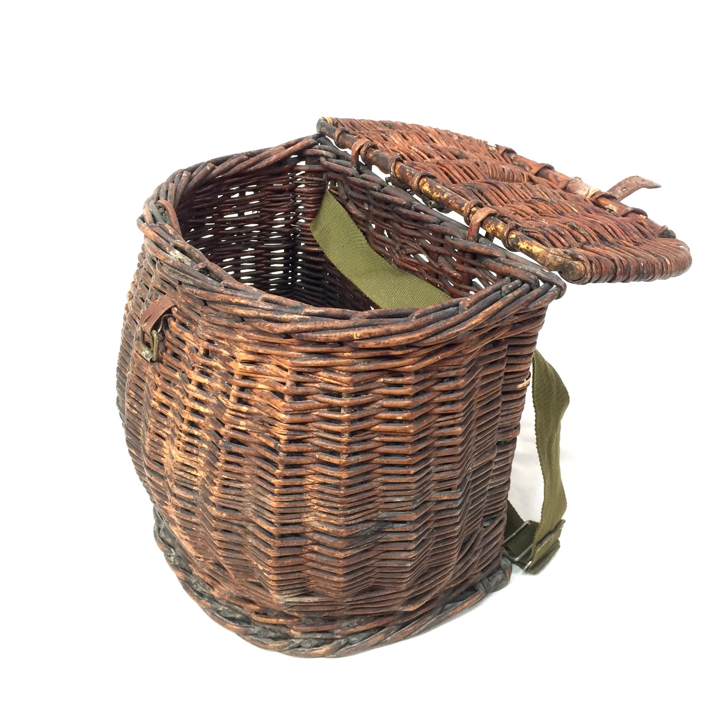 Vintage Wicker Fishing Creel Basket Hamper With Strap / Storage Bin 1960 Antique
