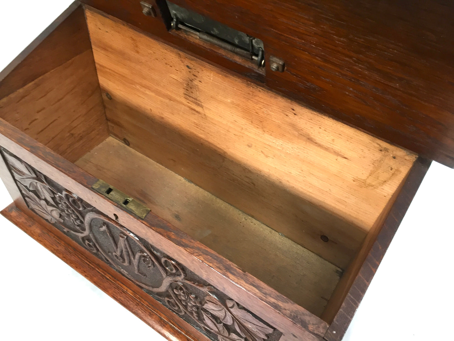 Antique 19th Century Wooden Oak Country House Carved Letter Box / Storage Box