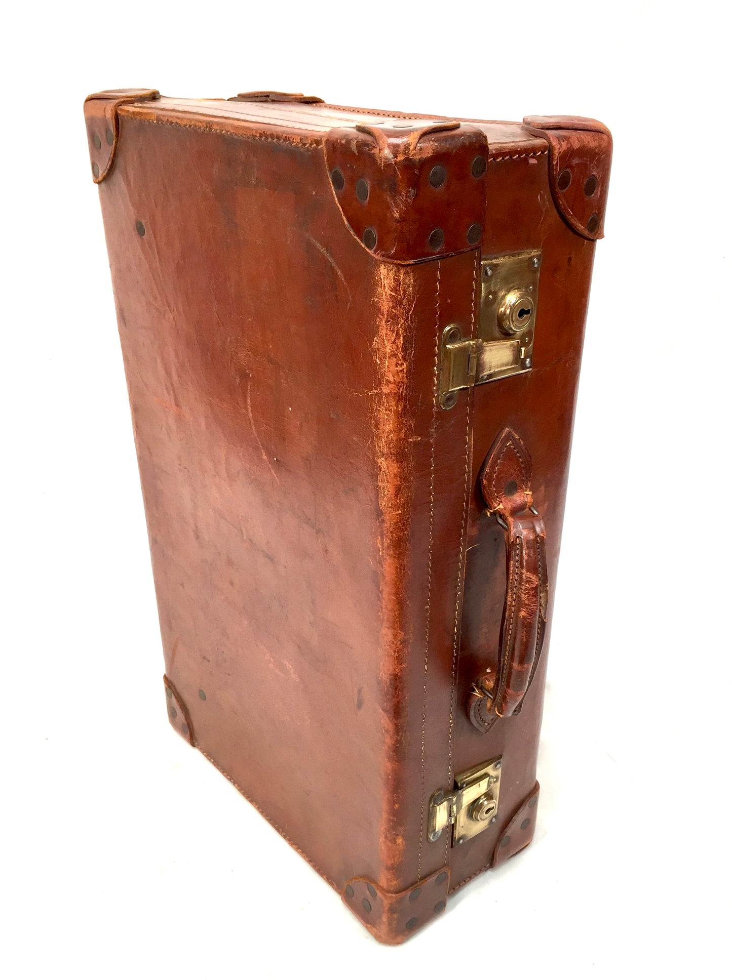 Vintage 20th Century Brown Leather Bound Suitcase / Travel Trunk Bag c.1950s