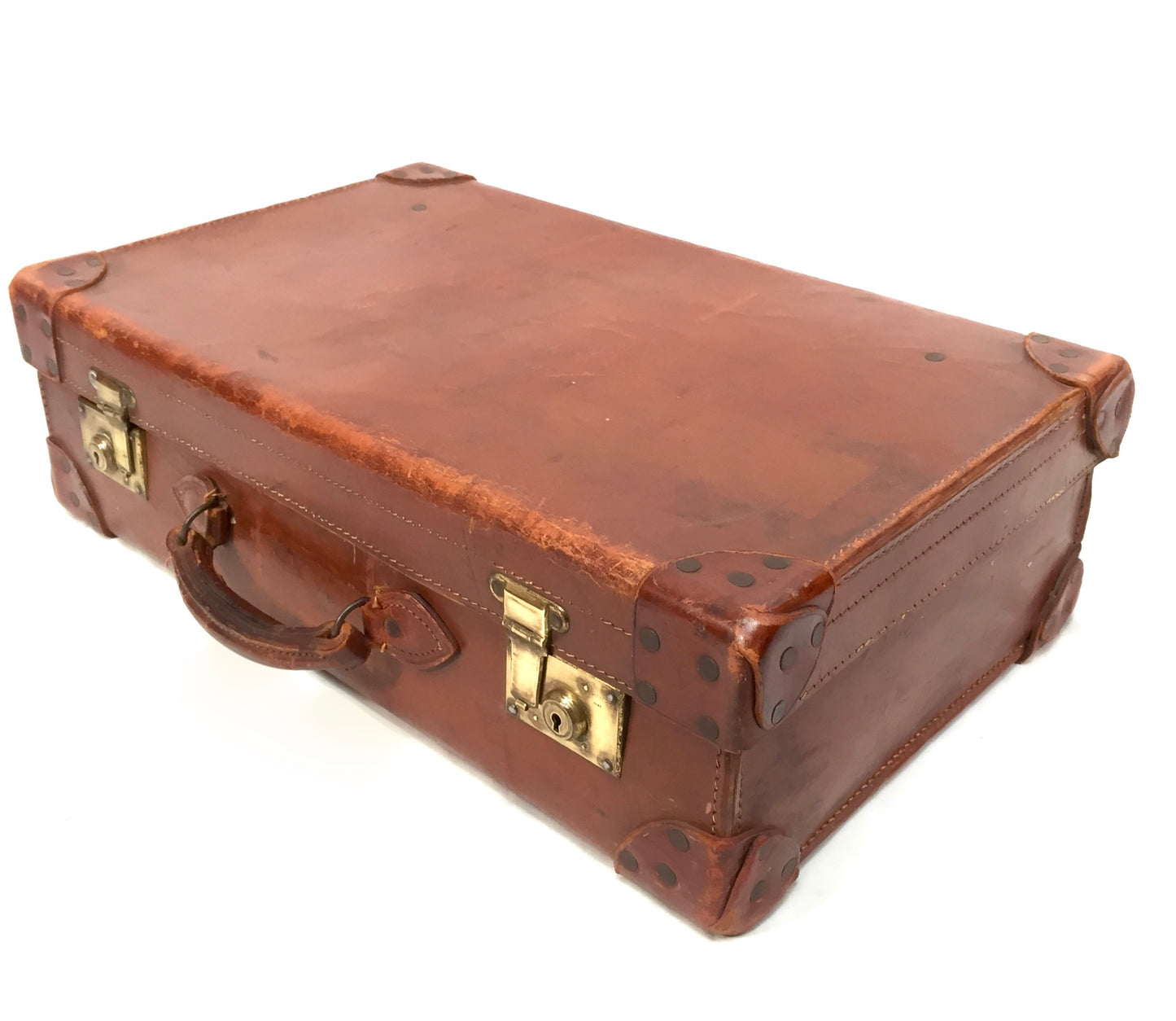 Vintage 20th Century Brown Leather Bound Suitcase / Travel Trunk Bag c.1950s
