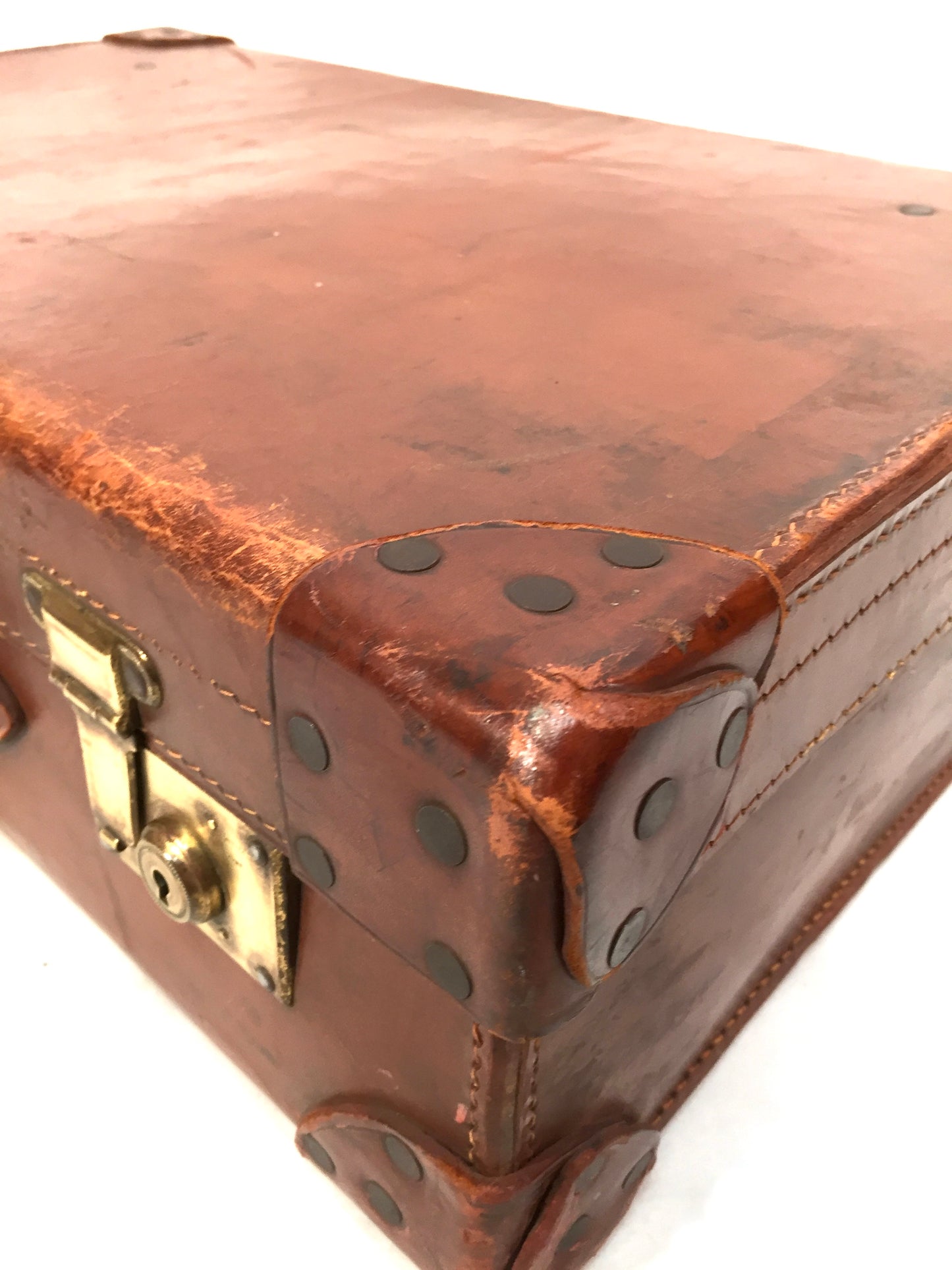 Vintage 20th Century Brown Leather Bound Suitcase / Travel Trunk Bag c.1950s