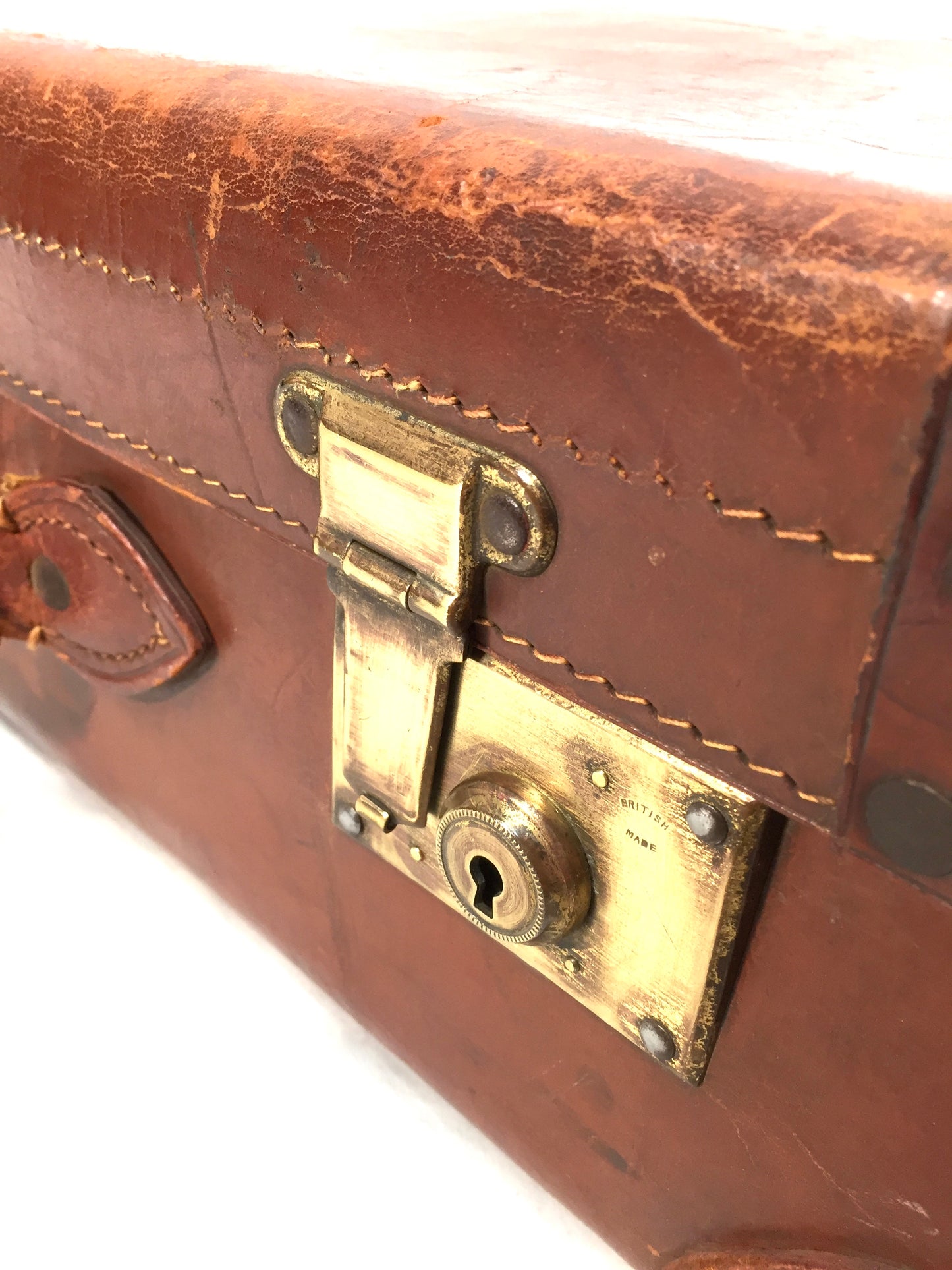 Vintage 20th Century Brown Leather Bound Suitcase / Travel Trunk Bag c.1950s