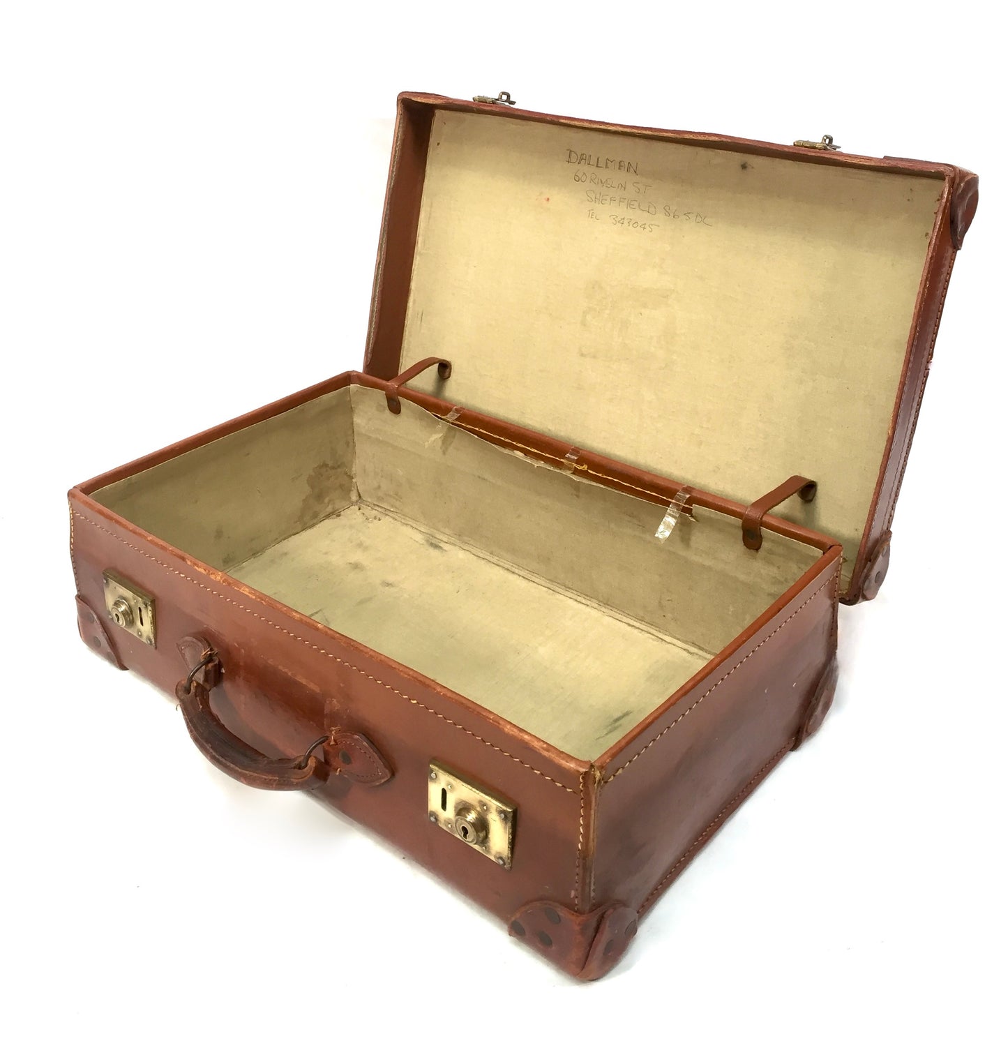 Vintage 20th Century Brown Leather Bound Suitcase / Travel Trunk Bag c.1950s