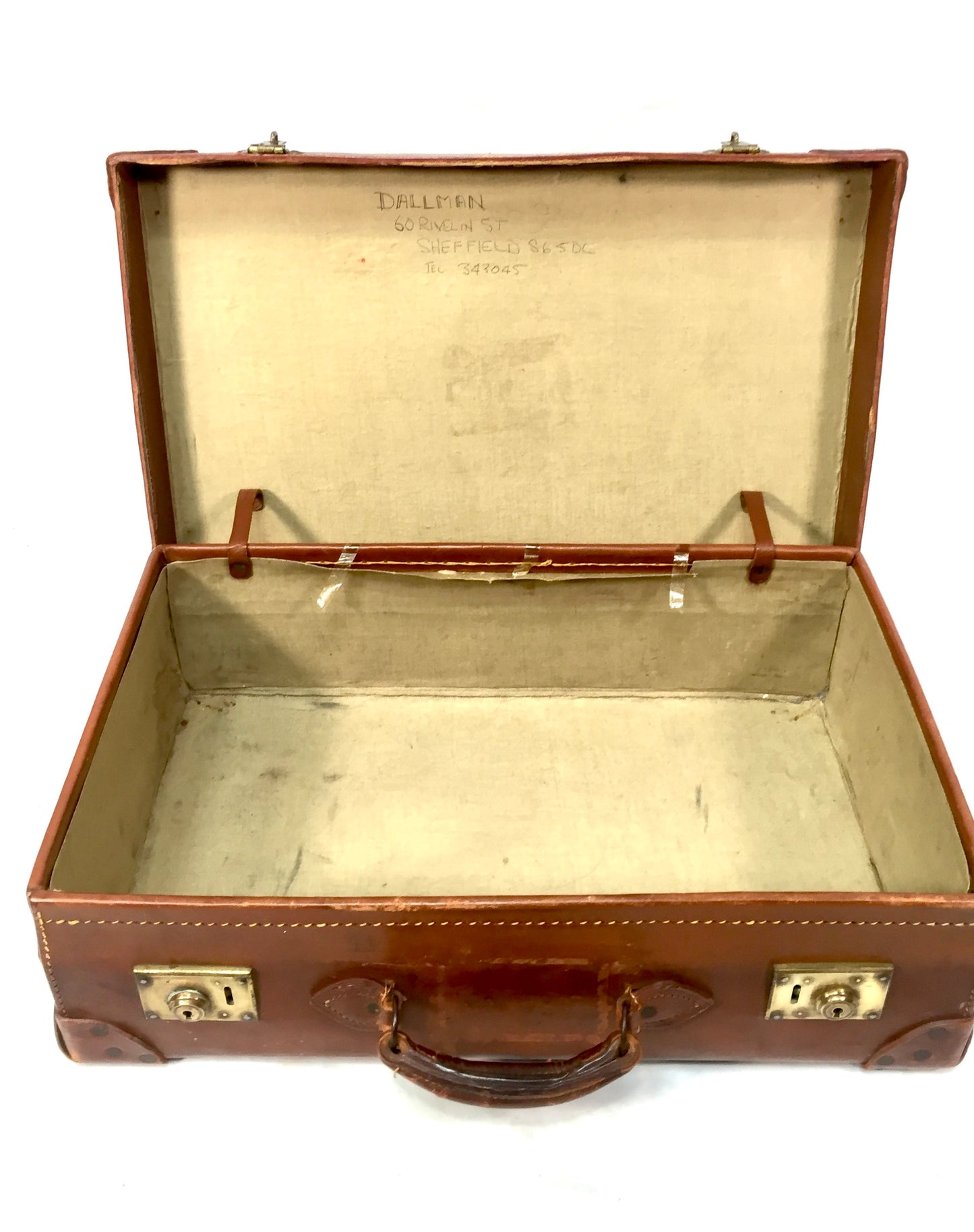 Vintage 20th Century Brown Leather Bound Suitcase / Travel Trunk Bag c.1950s