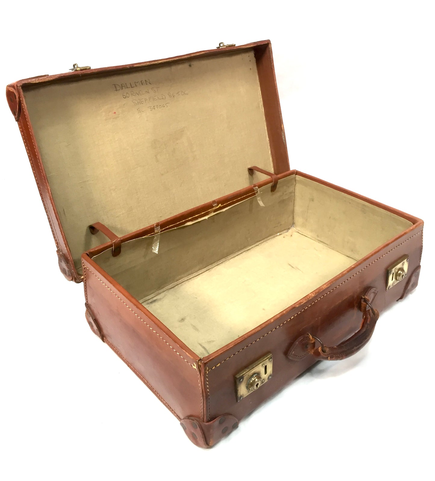 Vintage 20th Century Brown Leather Bound Suitcase / Travel Trunk Bag c.1950s