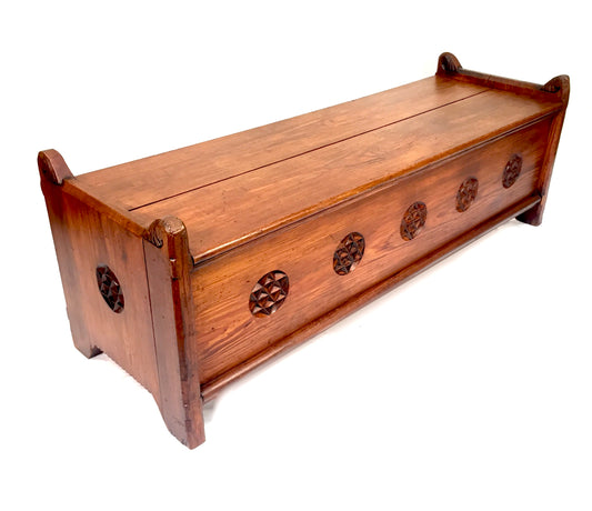 Antique Large Wooden Solid Pitch Pine Entrance Hall Bench With Storage c.1900