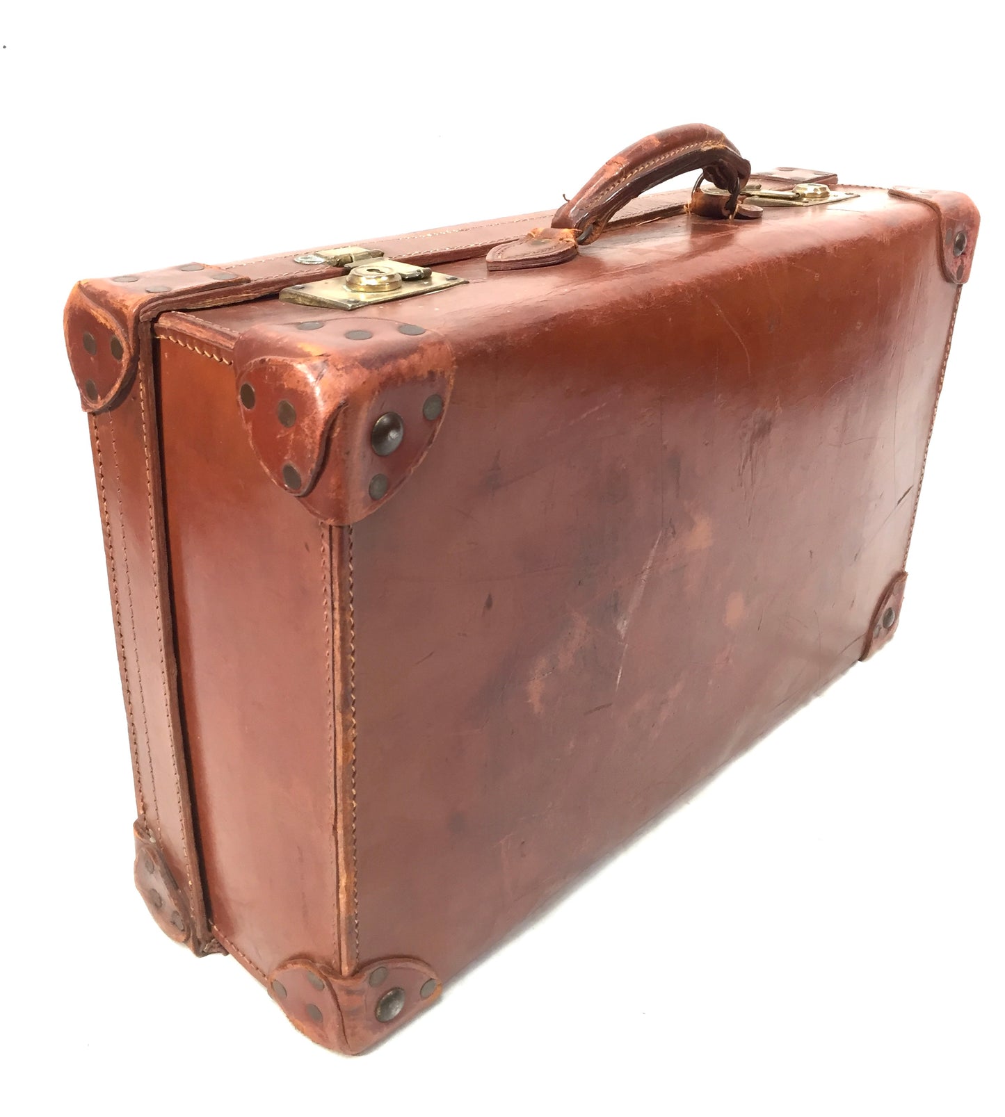 Vintage 20th Century Brown Leather Bound Suitcase / Travel Trunk Bag c.1950s