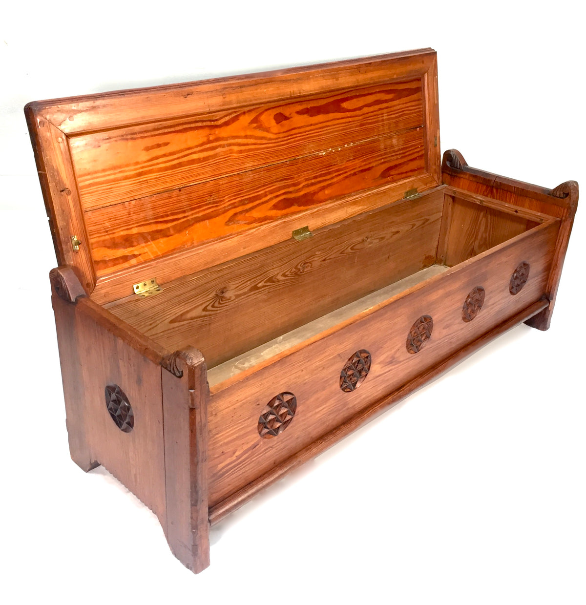 Antique Large Wooden Solid Pitch Pine Entrance Hall Bench With Storage c.1900
