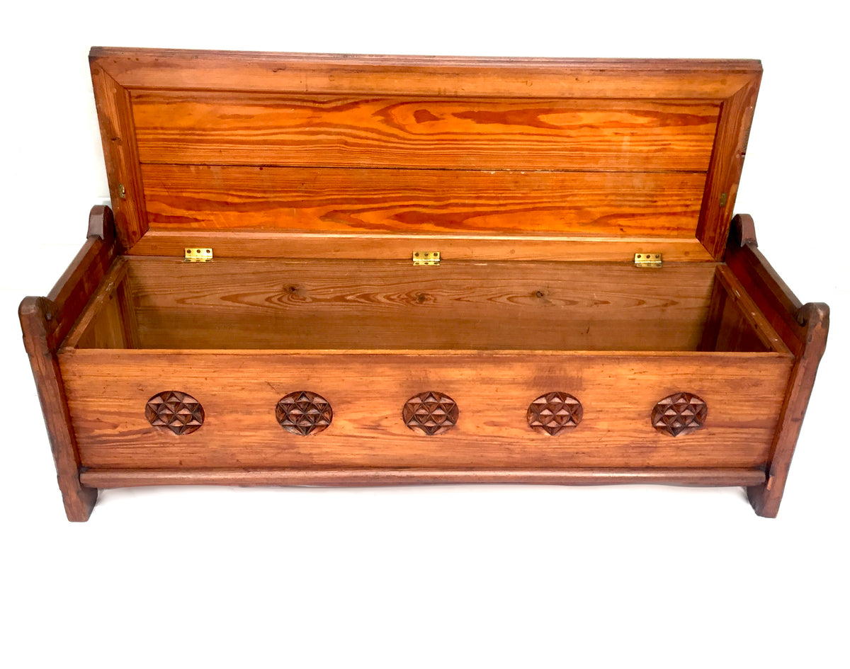 Antique Large Wooden Solid Pitch Pine Entrance Hall Bench With Storage c.1900