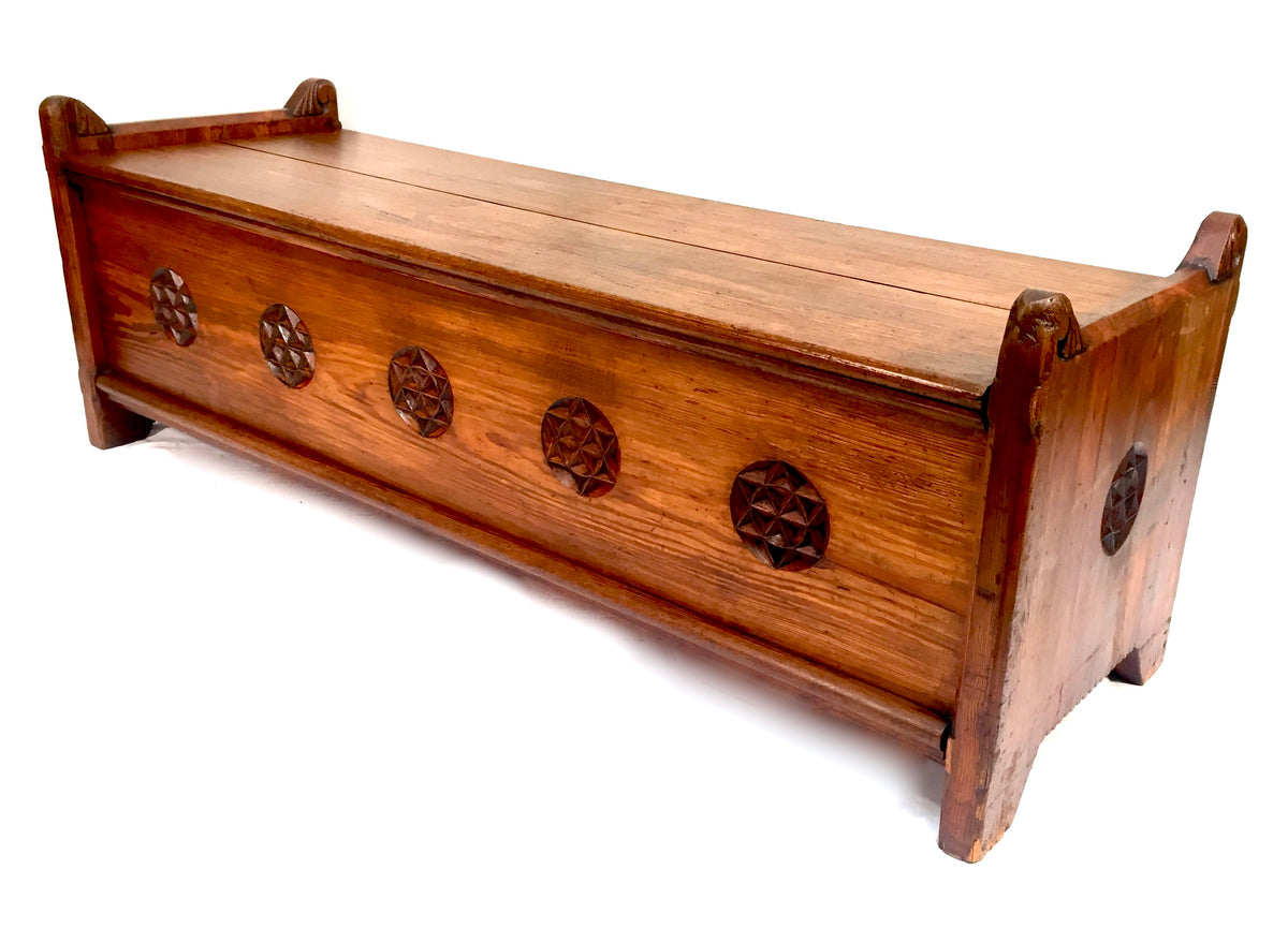 Antique Large Wooden Solid Pitch Pine Entrance Hall Bench With Storage c.1900