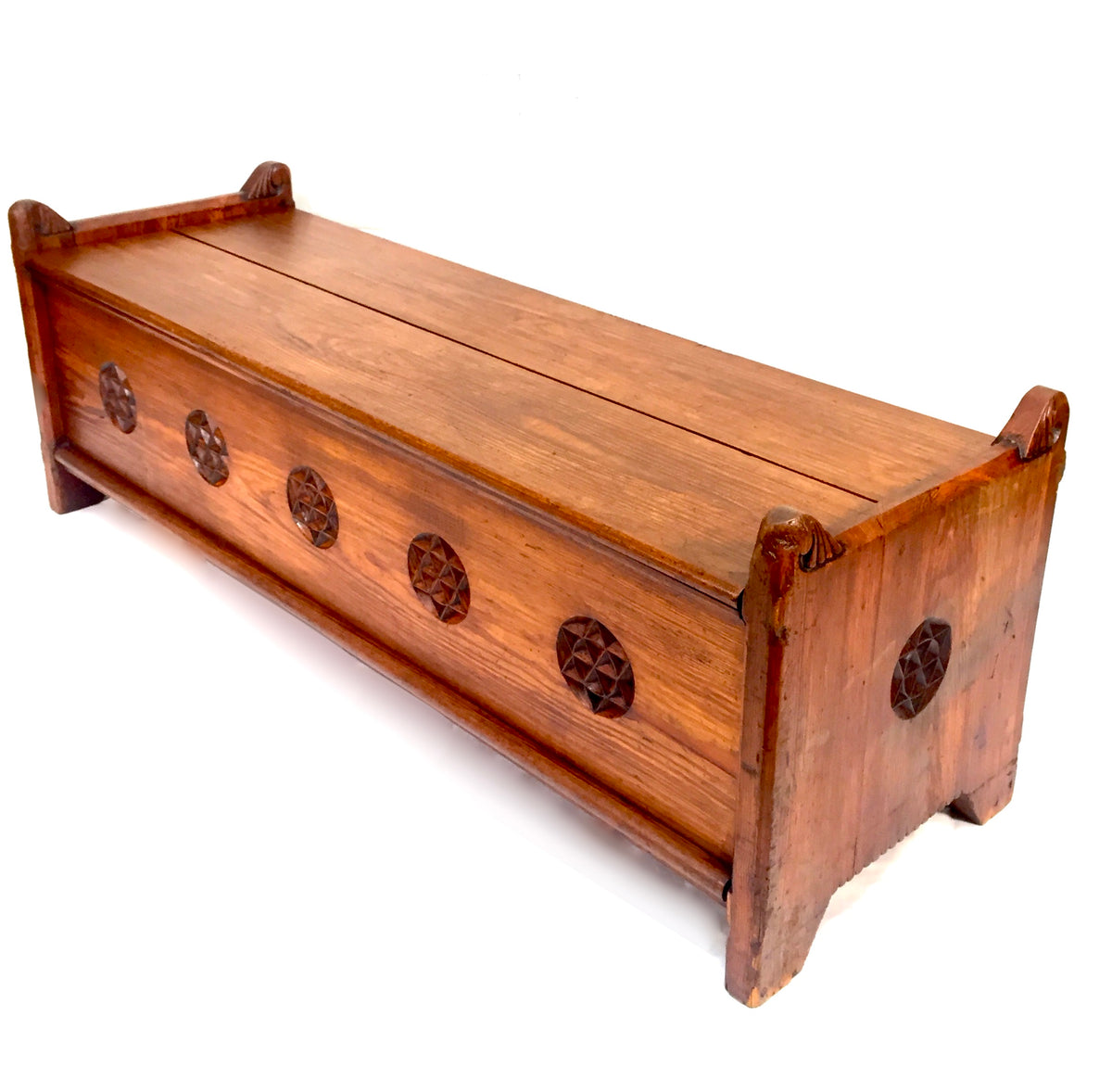 Antique Large Wooden Solid Pitch Pine Entrance Hall Bench With Storage c.1900
