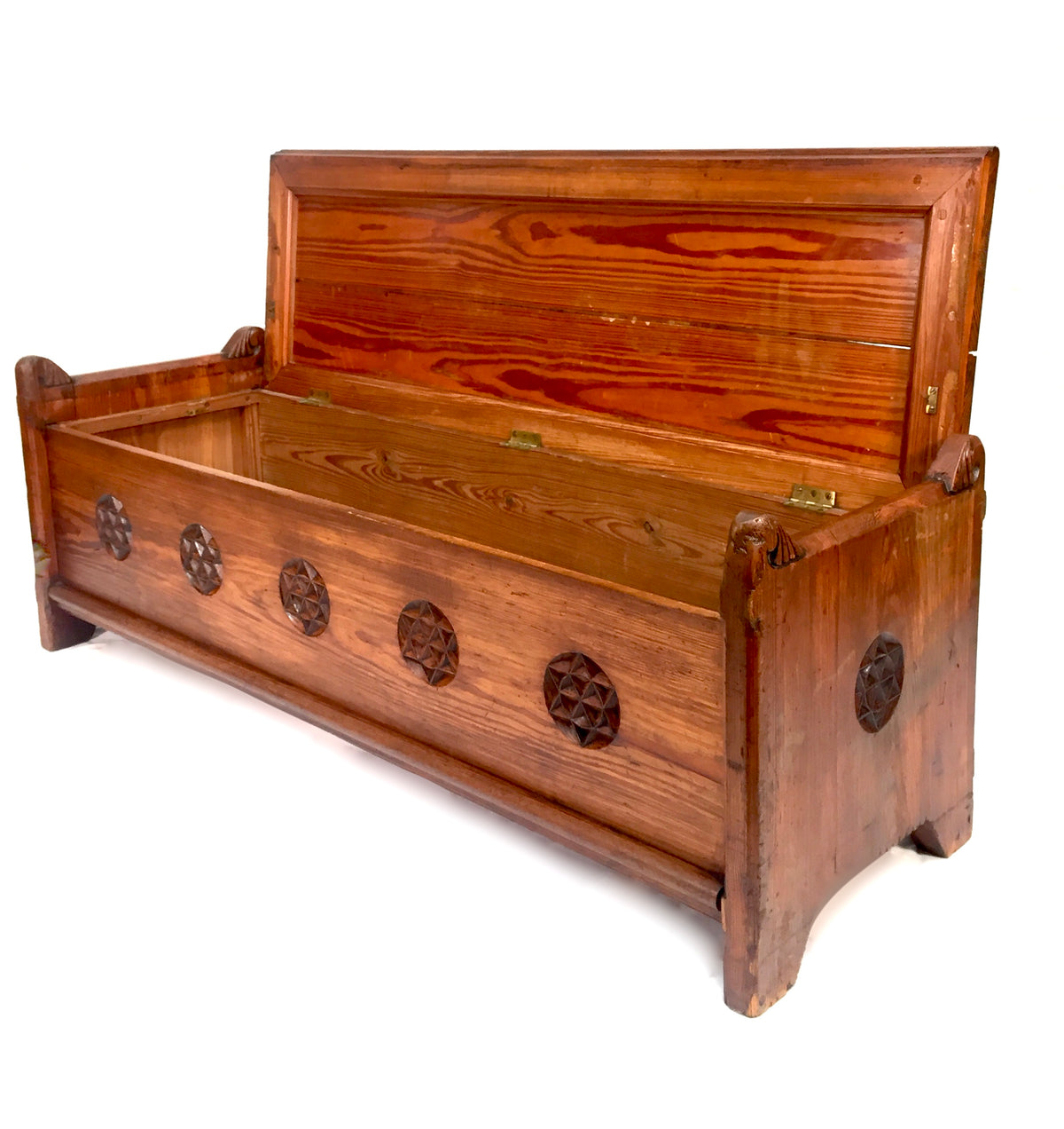 Antique Large Wooden Solid Pitch Pine Entrance Hall Bench With Storage c.1900