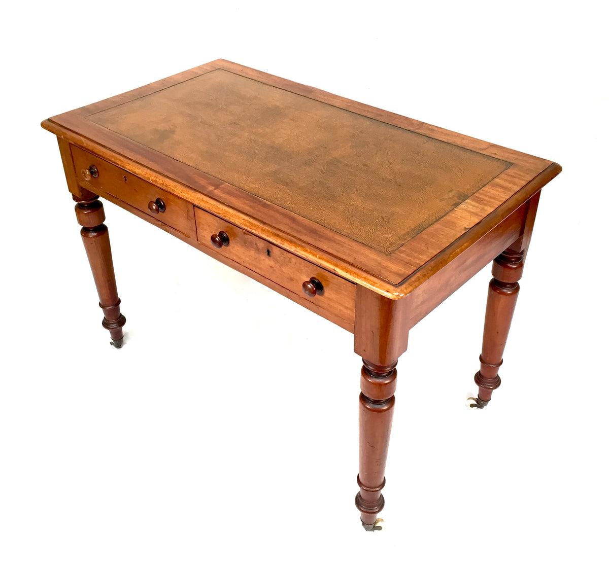 Antique Victorian Wooden Writing Desk Table / Leather Top & Caster Wheel c.1890
