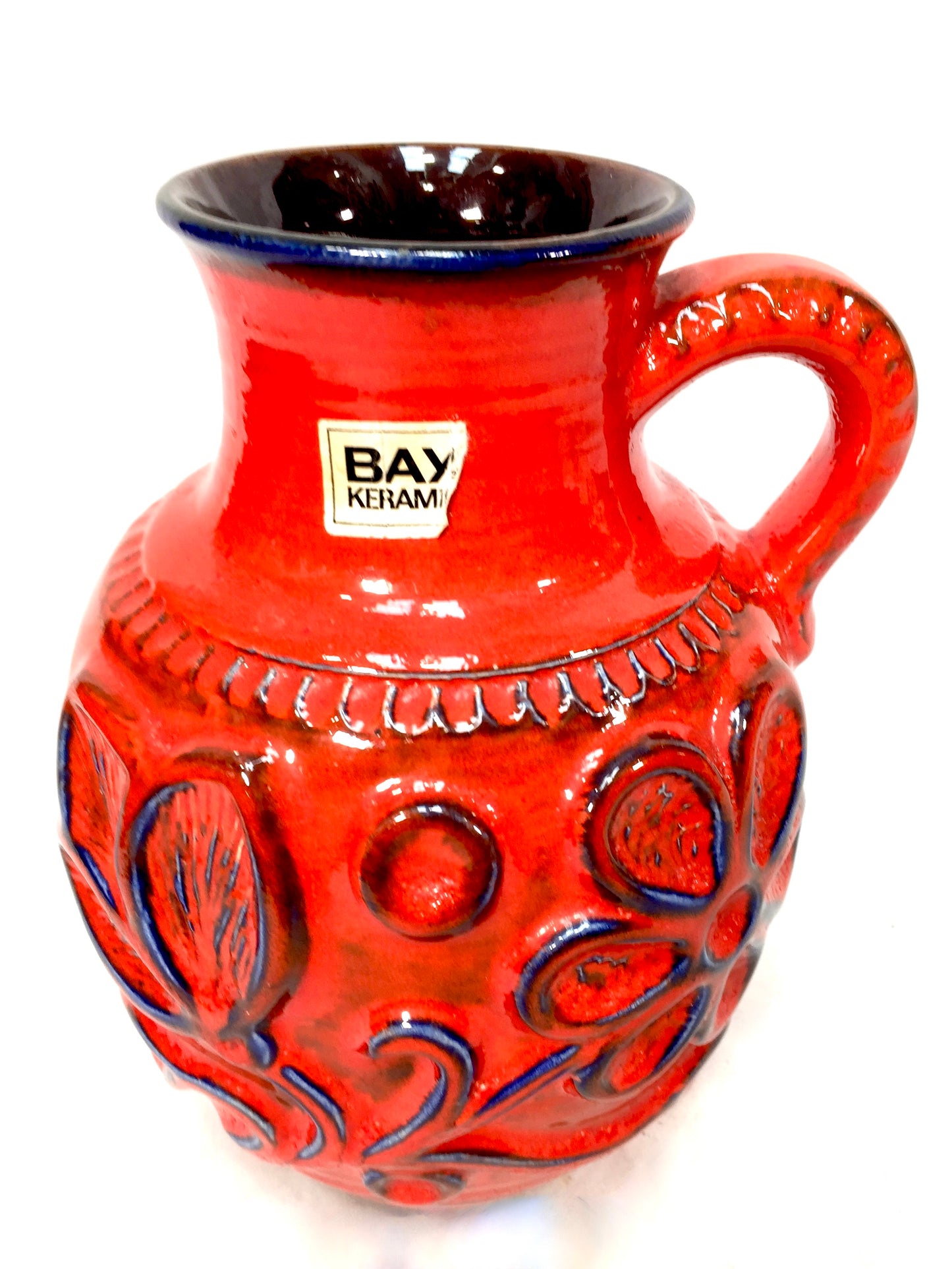Vintage West German Pottery Fat Vase Bay Factory / Red & Blue / Retro 1970s