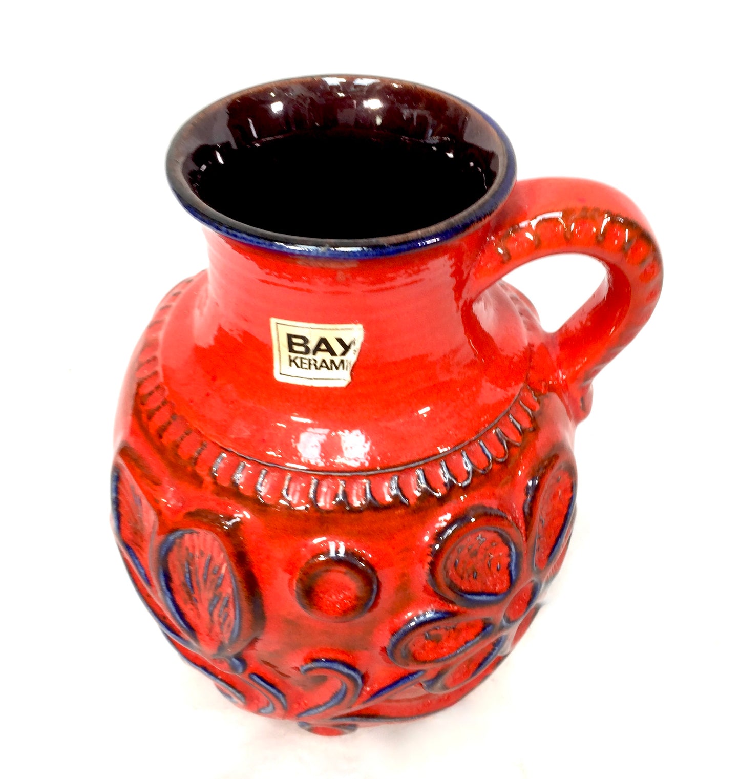 Vintage West German Pottery Fat Vase Bay Factory / Red & Blue / Retro 1970s